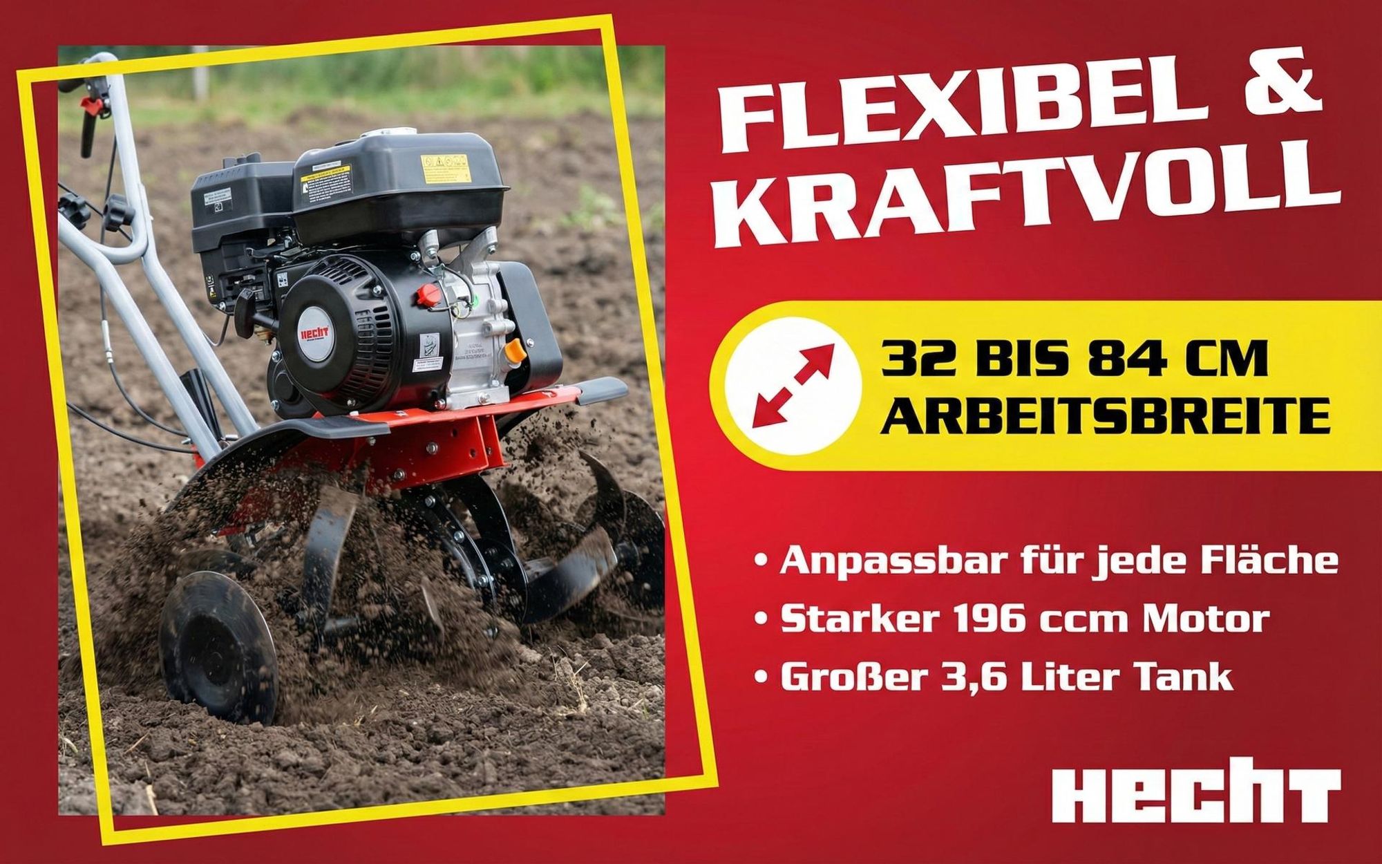 HECHT 785 Motorhacke Benzin | 32-84 cm Arbeitsbreite | 32 cm Arbeitstiefe | 6,5 PS | 4,5 kW | 196 cm³
