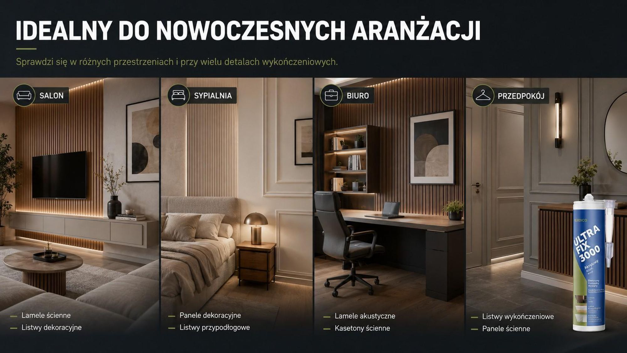 Klej montażowy akrylowy Ultra Fix 3000 do listew, profilów i prac remontowych.