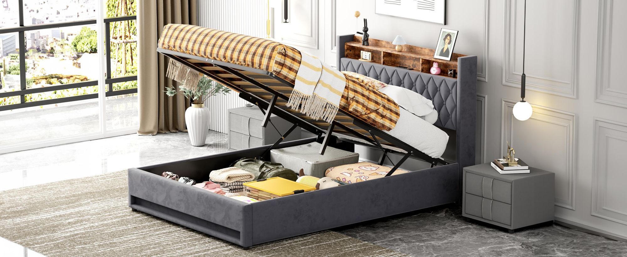 MODFU Boxspringbett 140×200 mit bettkasten,Polsterbett mit Stauraum,Funktionsbett mit USB-Anschluss & LED-Licht,Sicheres Design mit gepolsterten Kanten