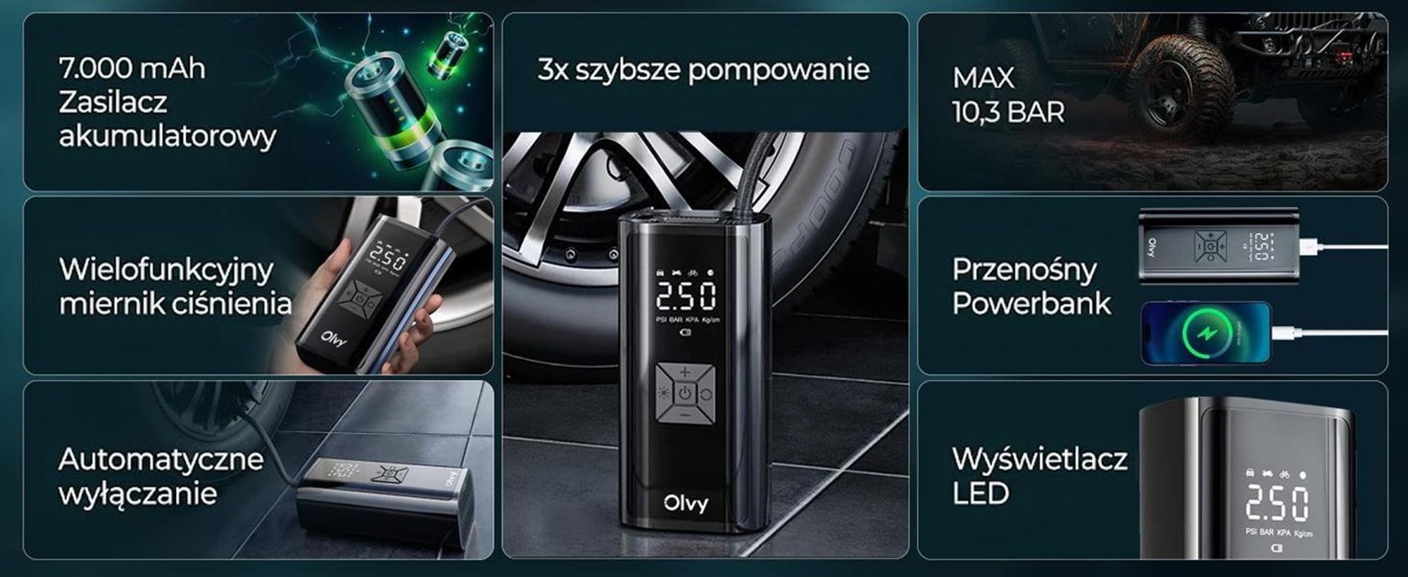 Kompresor powietrza Olvy 7000 mAh, mini pompka do opon, elektryczna pompka rowerowa, elektryczna pompka powietrza, mini kompresor do piłek rowerowych samochodowych