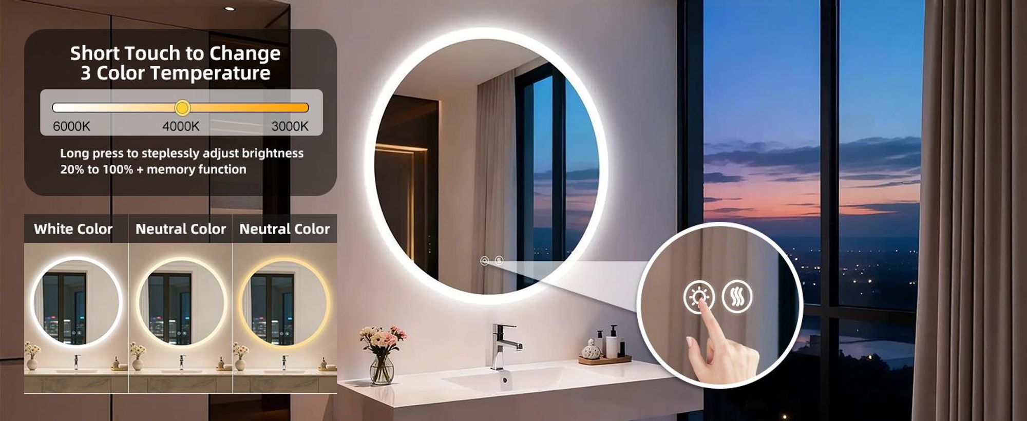 WISFOR LED Badspiegel 80 cm rund, Badezimmerspiegel mit Beleuchtung, Wandspiegel mit Speicherfunktion, Beschlagfrei, IP66, 3 Lichtfarben