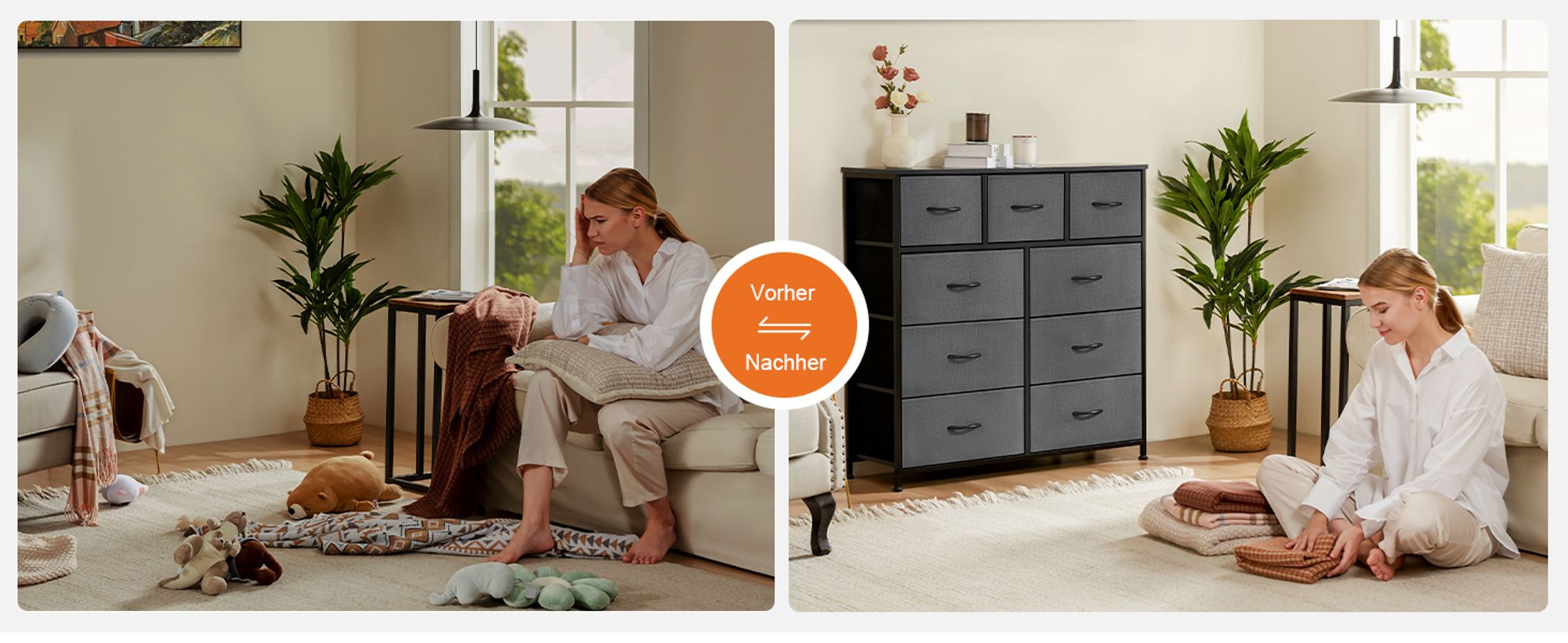 Sweetcrispy Kommode mit 9 Stoffschubladen ，Stoffkommode mit Stabilem Stahlrahmen, Ideal für Schlafzimmer, Wohnzimmer Mehrzweckschrank Schrank
