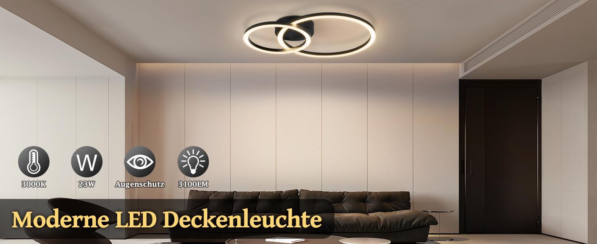 ZMH Plafondlamp keuken LED, plafondlamp woonkamer - 23W keukenlamp, 3000K warm wit, woonkamerlamp, modern, slaapkamerlamp, 2-ringen design, plafondverlichting voor slaapkamer, hal, kantoor, balkon