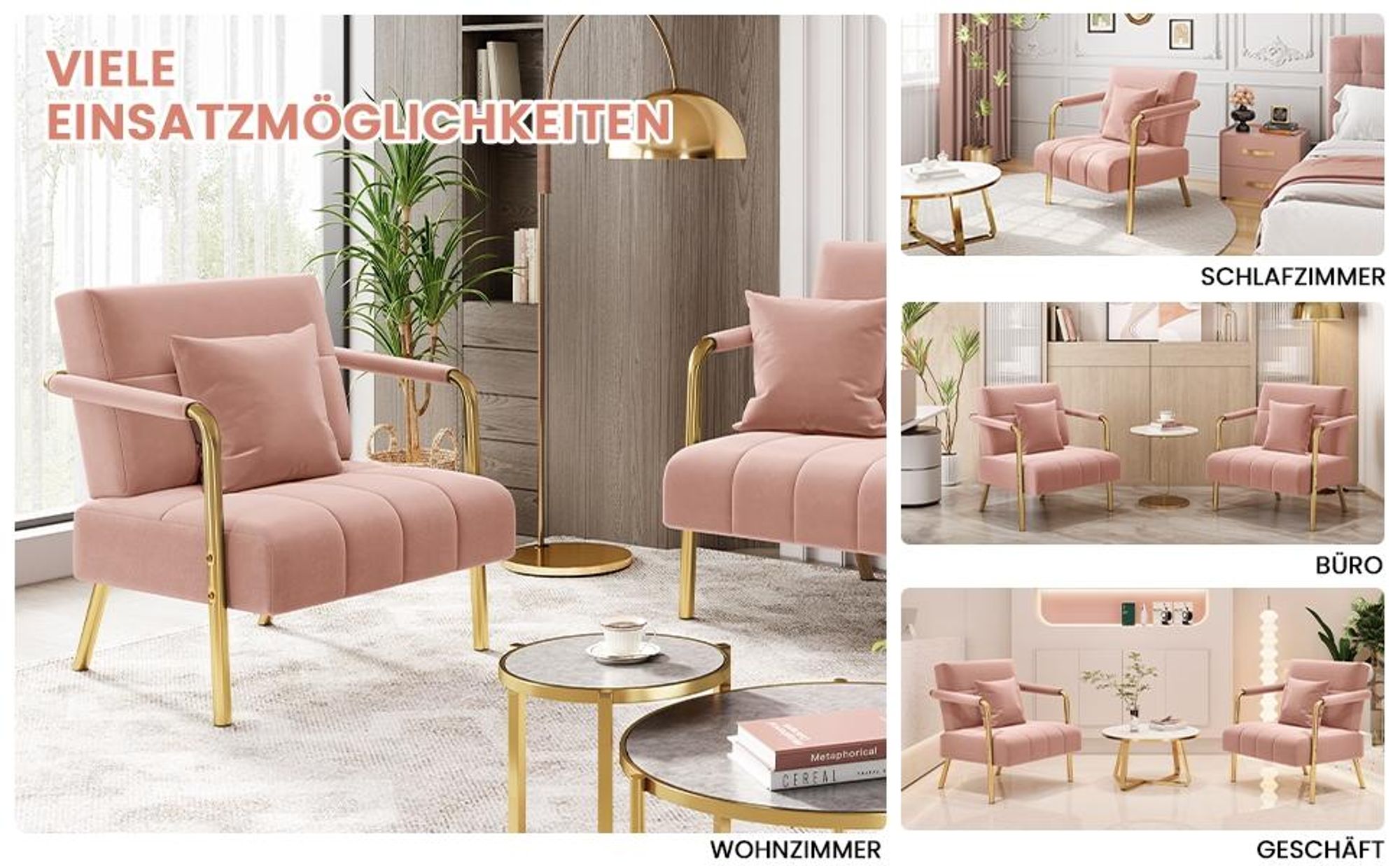 Yaheetech Samtiger Sessel Polstersessel, mit Metallbeinen & Lendenkissen, Einzelsessel Loungesessel, Rosa