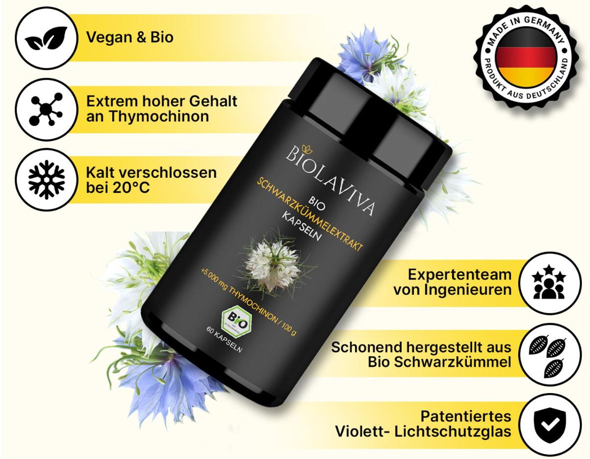 Schwarzkümmelöl Kapseln Extrakt – 60 vegane Kapseln, 2-Monats-Vorrat – 5.000 mg Thymochinon/100 g – Lichtschutz MIRON Violettglas | BIOLAVIVA