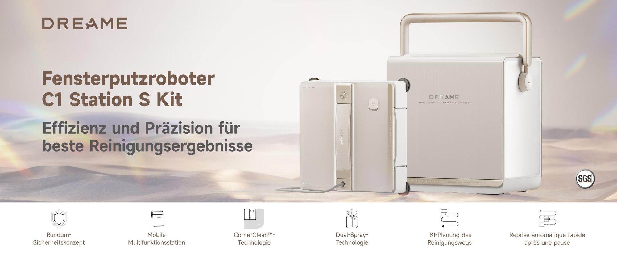 Dreame C1 Station S Kit Fensterputzroboter,Stabil und sicher,Nass-und Trockenreinigung,Dual-Spray,Intelligente Navigation,mobile Station,App,Creme