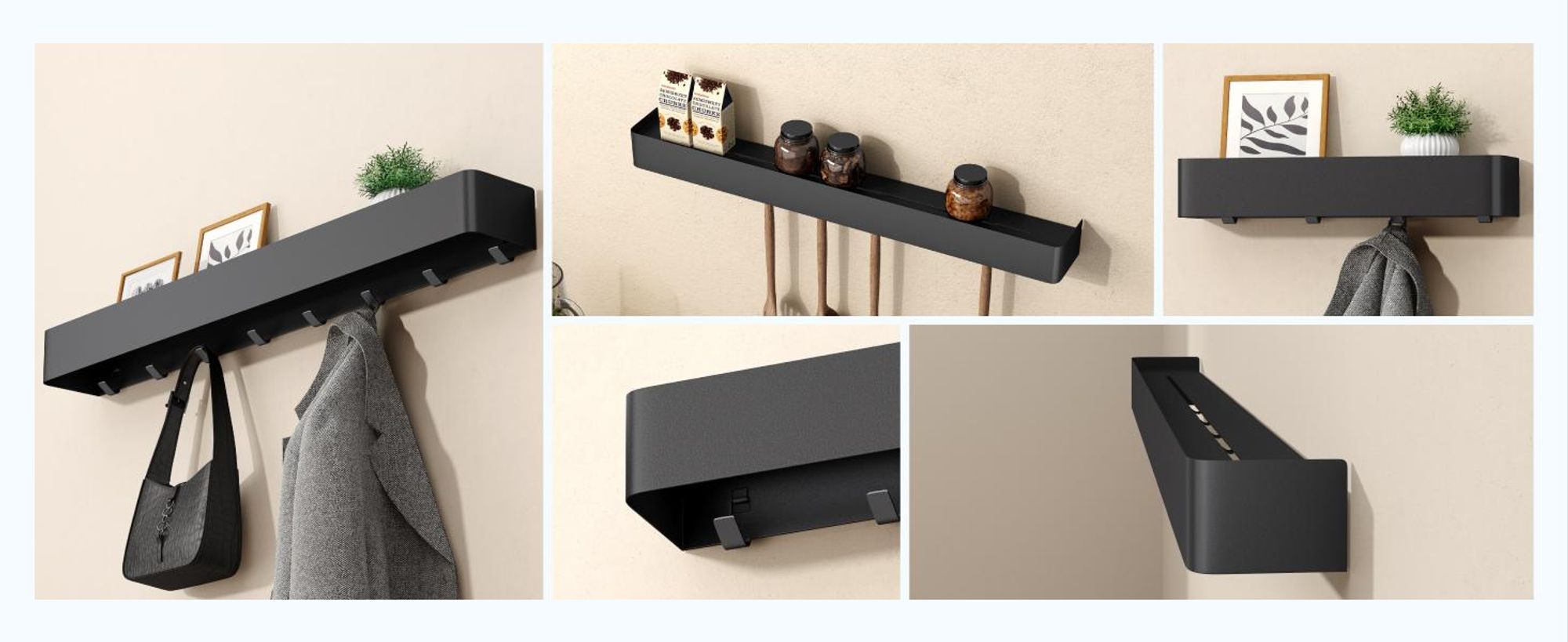 doporro Wandgarderobe mit Ablage, Garderobenleiste 80 cm mit 8 Garderobenhaken, Kleiderhaken Wand ohne Bohren (Kleben) Sandschwarz, Reglo-05