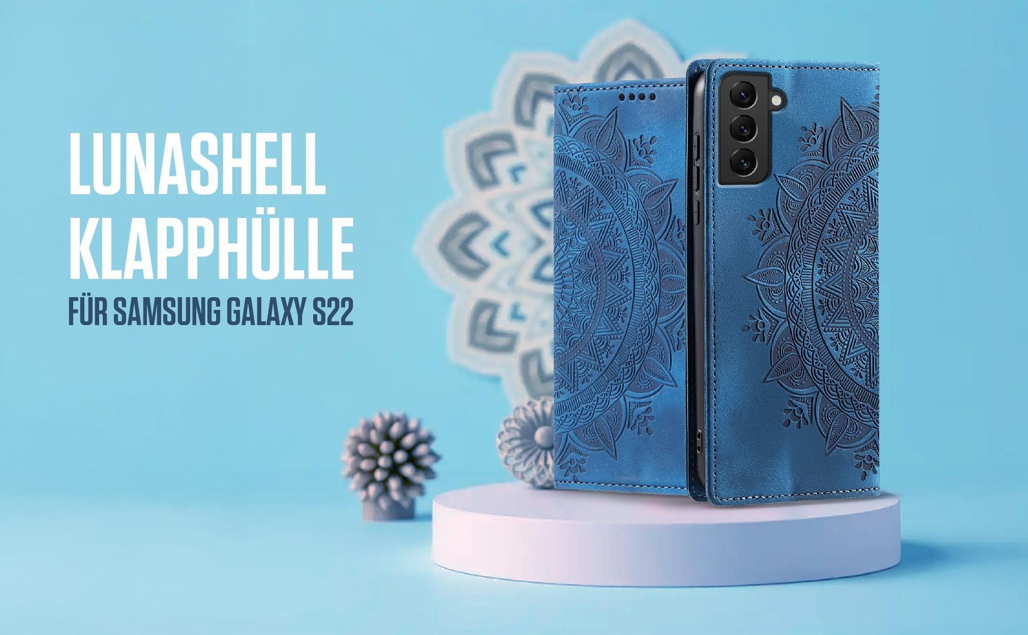 Blaue Klapphülle für Samsung Galaxy S22 mit feiner Mandala Prägung