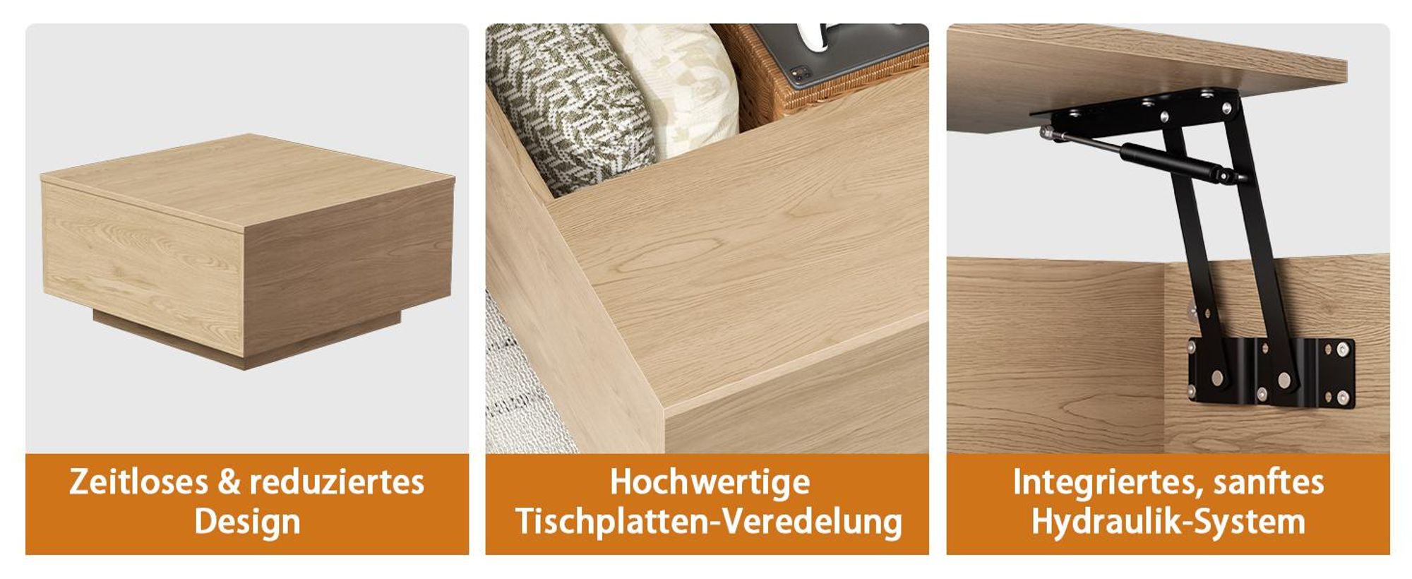 FABATO Couchtisch eckig, höhenverstellbar mit verstecktem Staufach, Landhaus-Design in Natur