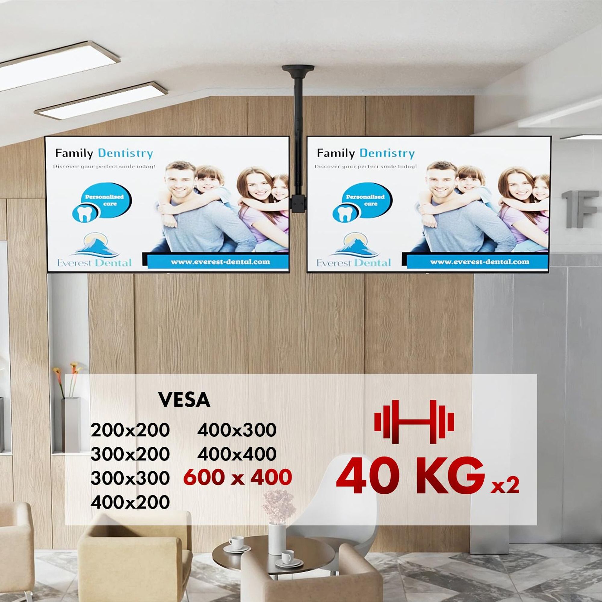 Maclean Deckenhalterung für zwei TV-Geräte max. Belastung 2x40kg 34-60" max VESA 600x400 MC-111 B