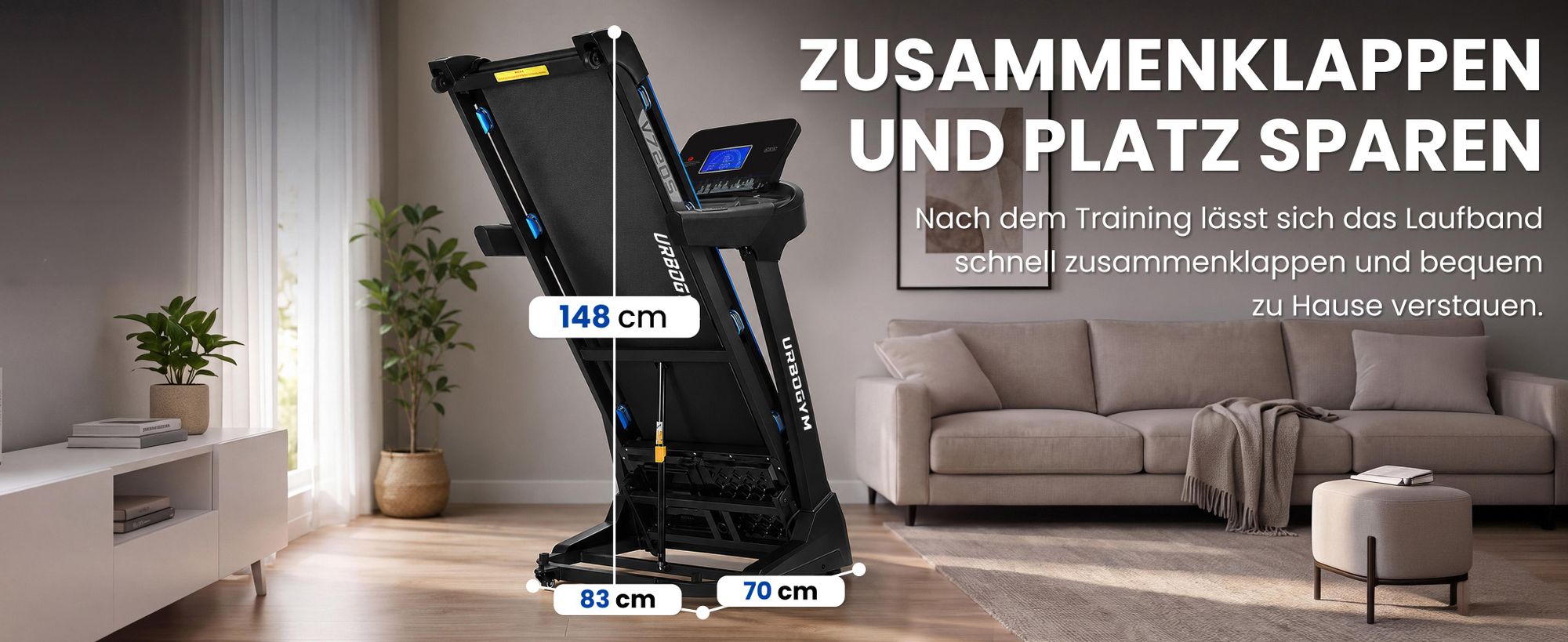 URBOGYM V720S Elektrisches Laufband, 20 km/h, 15 Steigungsstufen, 3,0 PS, 150 kg, klappbar, Bluetooth, 12 Trainingsprogramme