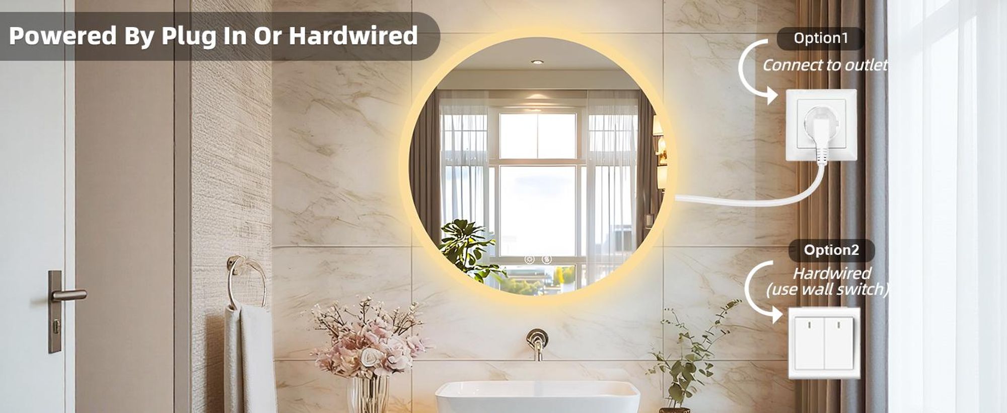 WISFOR LED Badezimmerspiegel Rund 70 cm ohne Rahmen mit Speicherfunktion, Beschlagfrei, Dimmbar, IP66