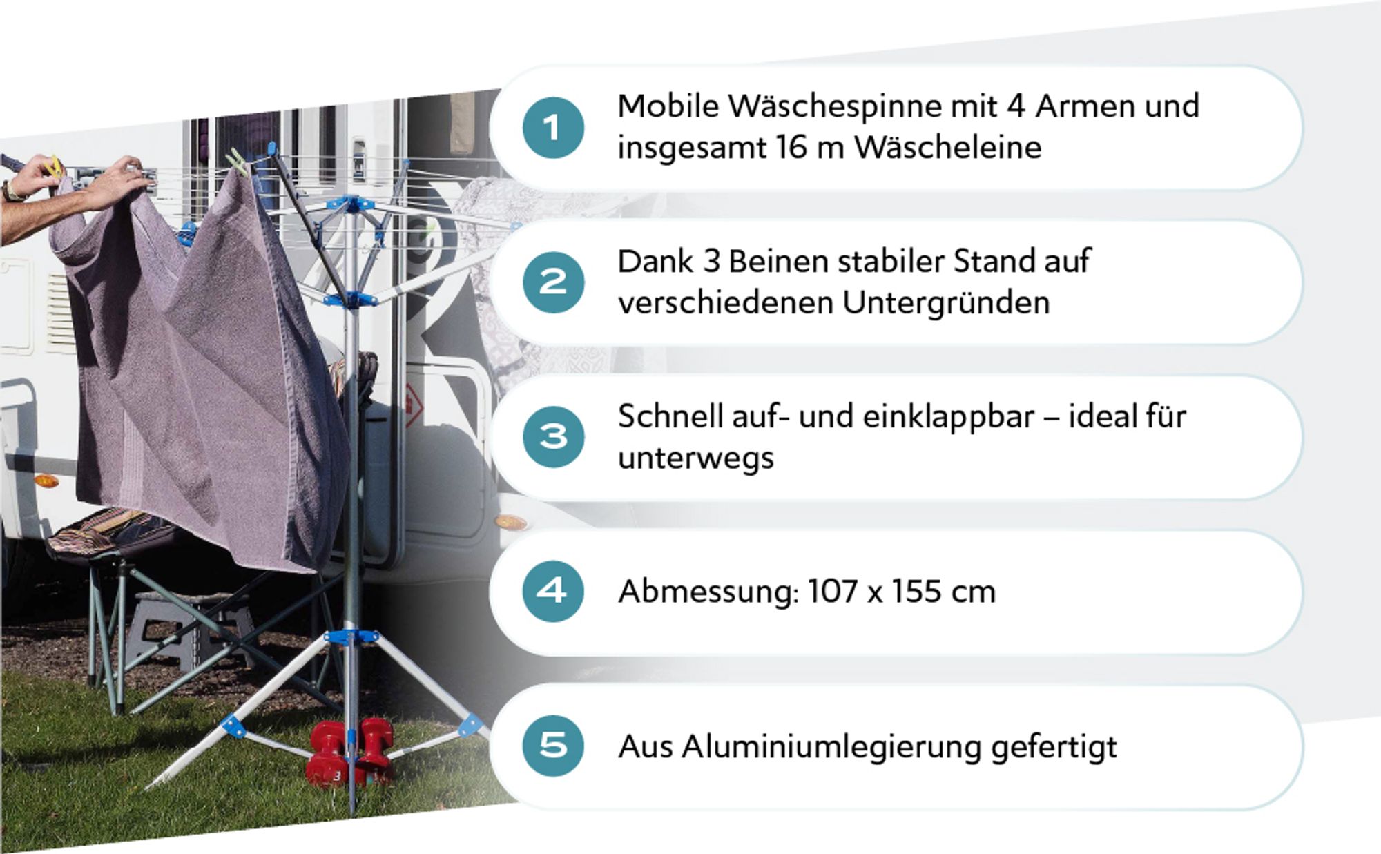 Wiltec Mobile Wäschespinne mit 4 Armen 16 m Wäscheleine Wäscheständer Alu Höhe 155cm Wohnwagen Camping Klappbar Wohnmobil Reise