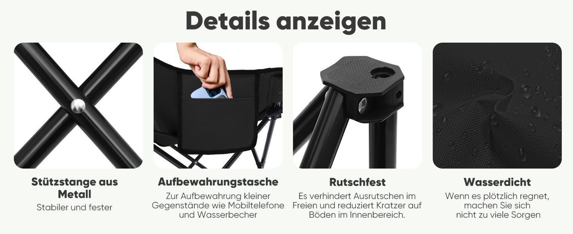 SUNULA 2er Set Campingstuhl Faltbar 100 kg, Camping Klappstuhl Wandern, Faltstuhl mit Seitentasche, Anthrazit