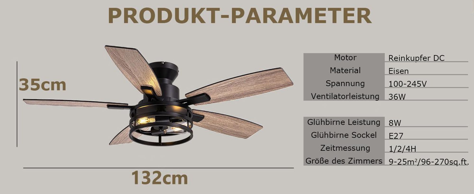 132cm Deckenventilator mit Beleuchtung und Fernbedienung, DC Motor, 2x E27 Glühbirnen, 6 Windgeschwindigkeit, Timer, für Wohnzimmer Küche Esszim