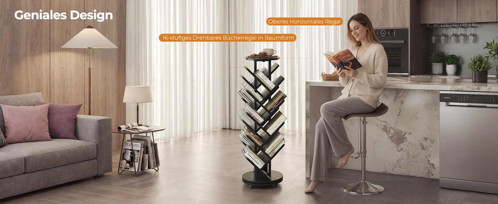 Drehbares Baum-Bücherregal Standregal Dekoregal mit 17 Ablagen, 360° Rotation, Lenkrollen mit Bremsen, Platzsparendes Standregal für Wohnzimmer Büro