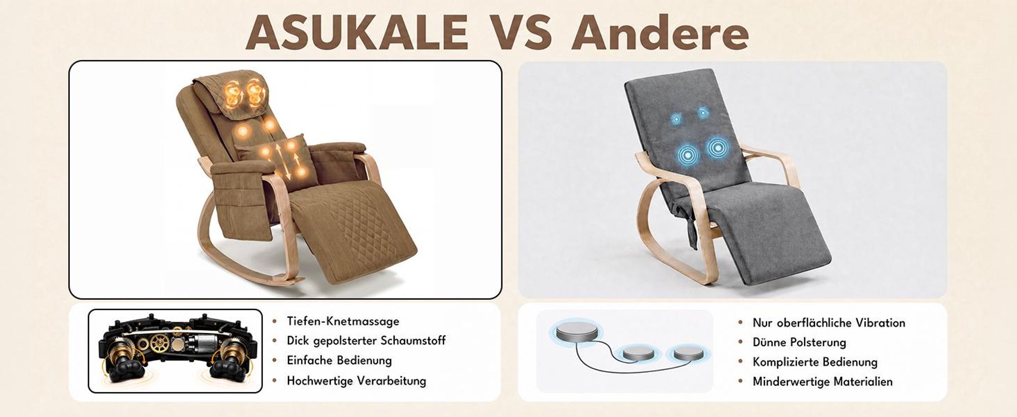 Vergleich Schaukelmassagesessel, Tiefen-Knetmassage gegen einfache Vibration