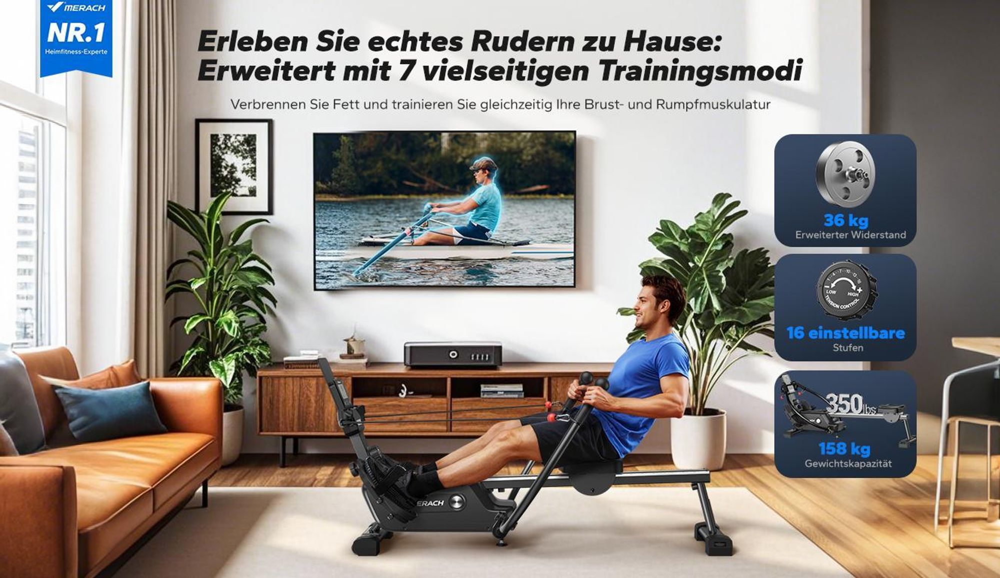 Magnetisches Rudergerät 36 kg Widerstand, 7 Modi, bis 158 kg, ergonomischer Sitz, LCD & Tablet-Halter, Bluetooth & Kinomap, App & Kurse, leise