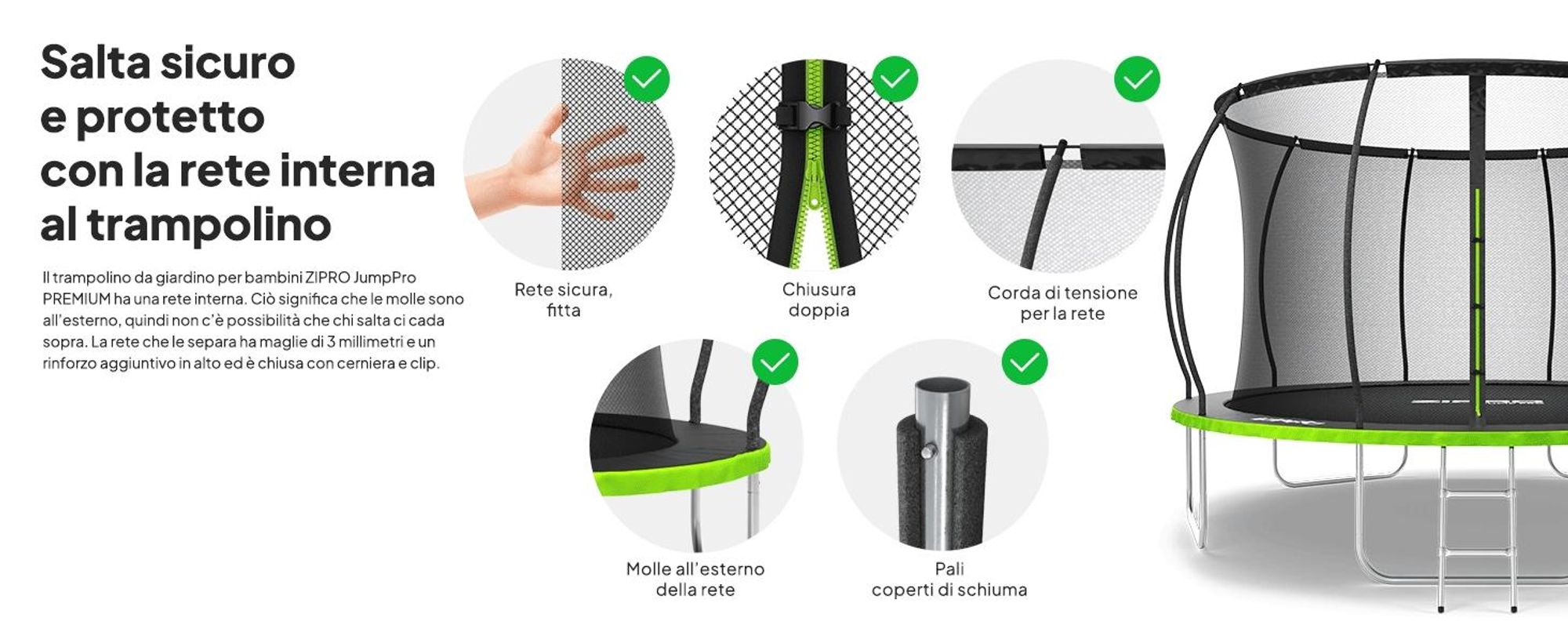 ZIPRO Trampolino Jump Pro Premium | 12FT Ø 374 cm | Trampolino da giardino Trampolino per bambini Set completo incl. rete, scaletta e copertura perimetrale, da esterno, verde