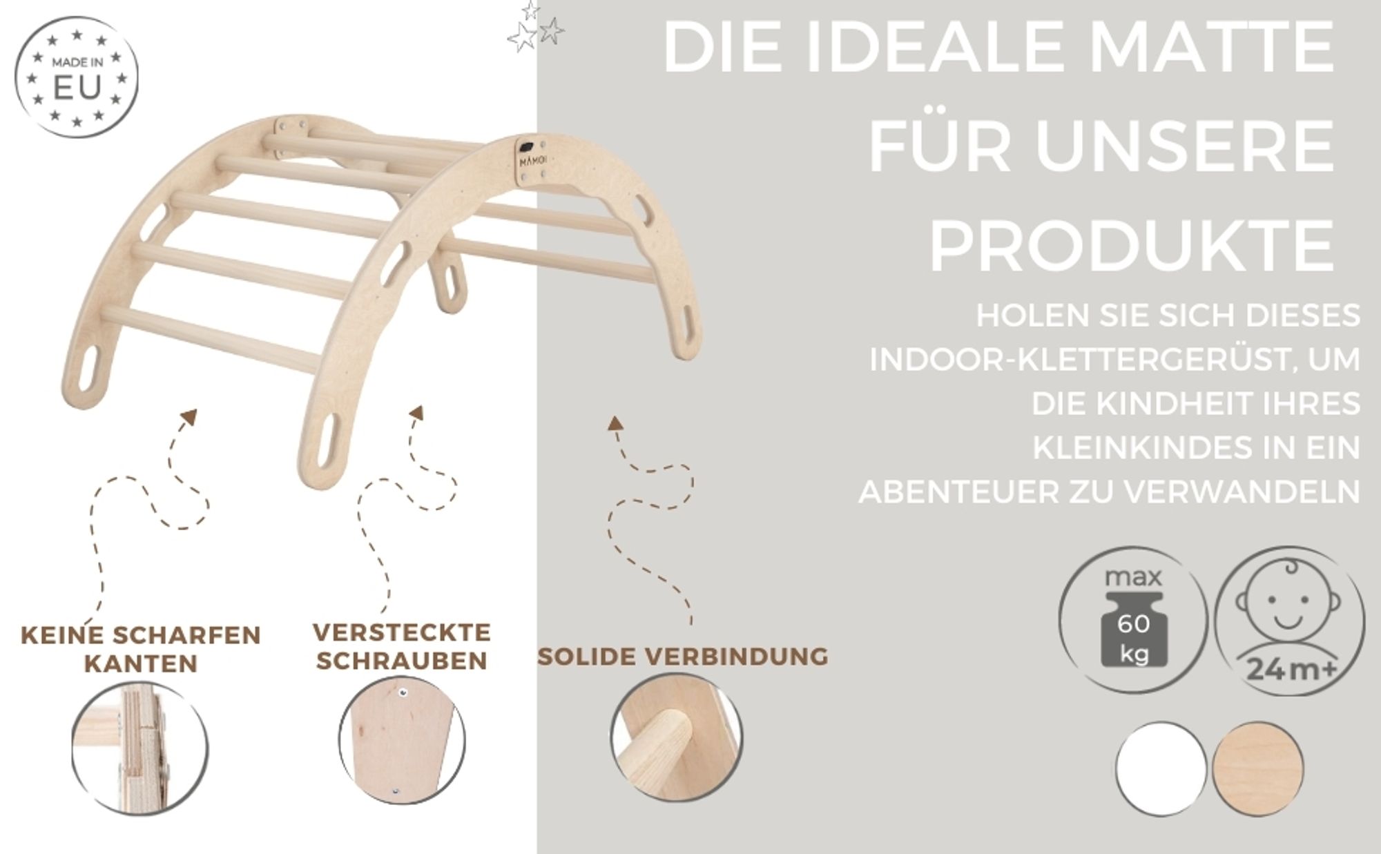 MAMOI® Kletterbogen mit Kissen, Kissen für Regenbogenwippe aus Holz, Kletterdreieck, Baby Klettern, Holzbogen für Kinder, Spielplatz, Klettergerüst