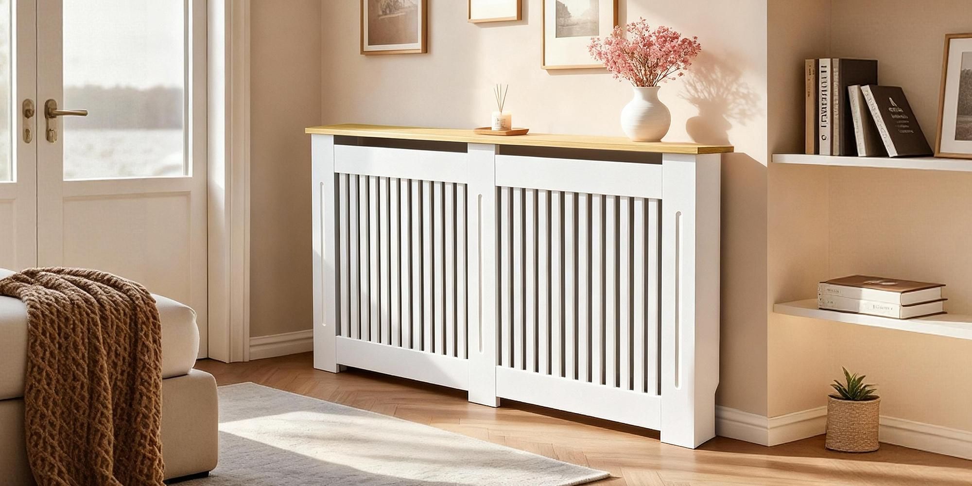 WISFOR Heizkörperverkleidung 152 x 20 x 92,5 cm MDF vertikale Lamellen Holzoptik Ablage Kippschutz Heizkörperabdeckung für Schlafzimmer Wohnzimmer