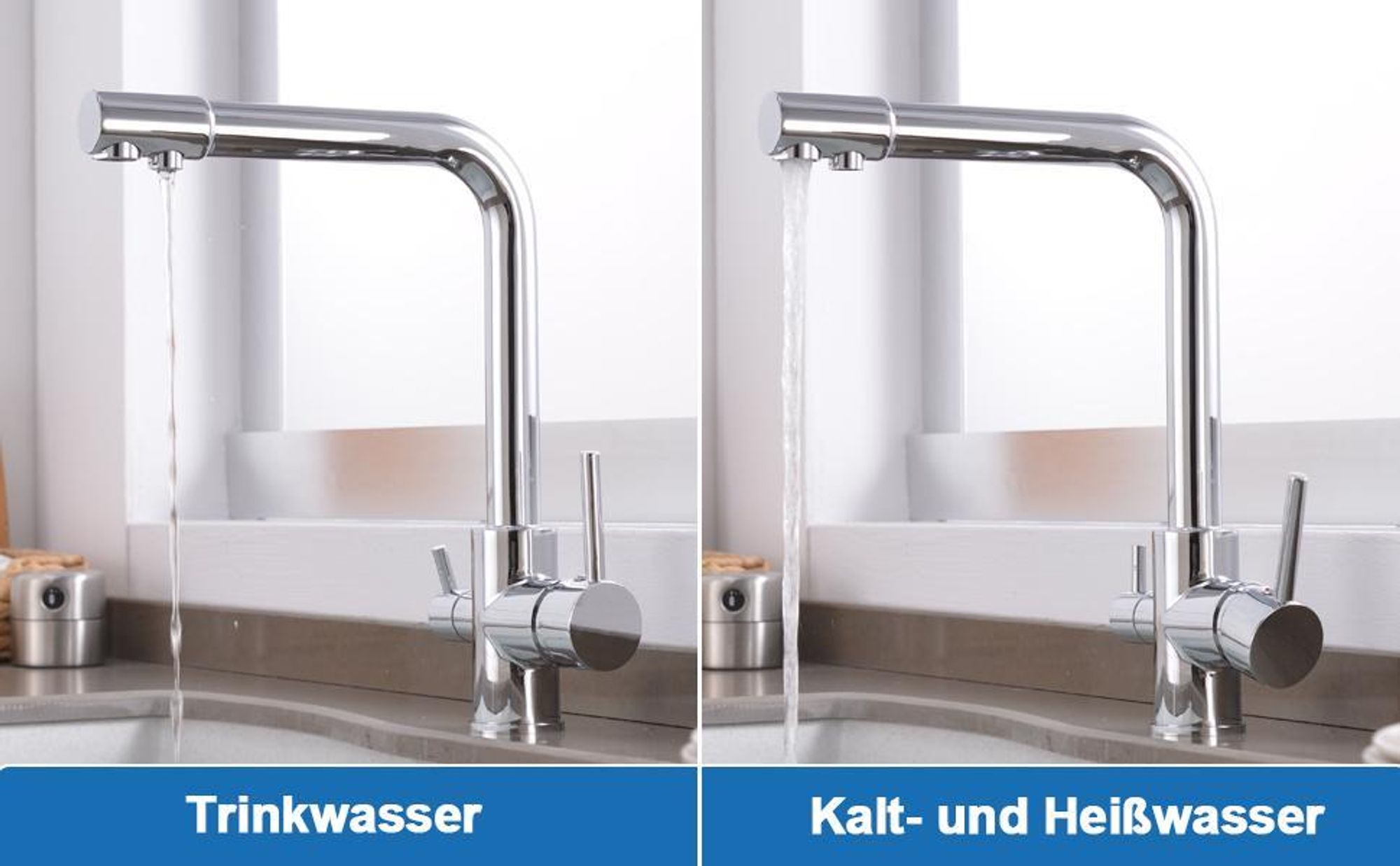 3 Wege Wasserhahn mit Filter-Mischbatterie Küche, 360° Drehbare, mit 3 Schlauches und Doppelhebel, Armatur zum Warmes/Kaltes/Gereinigtes Wasser