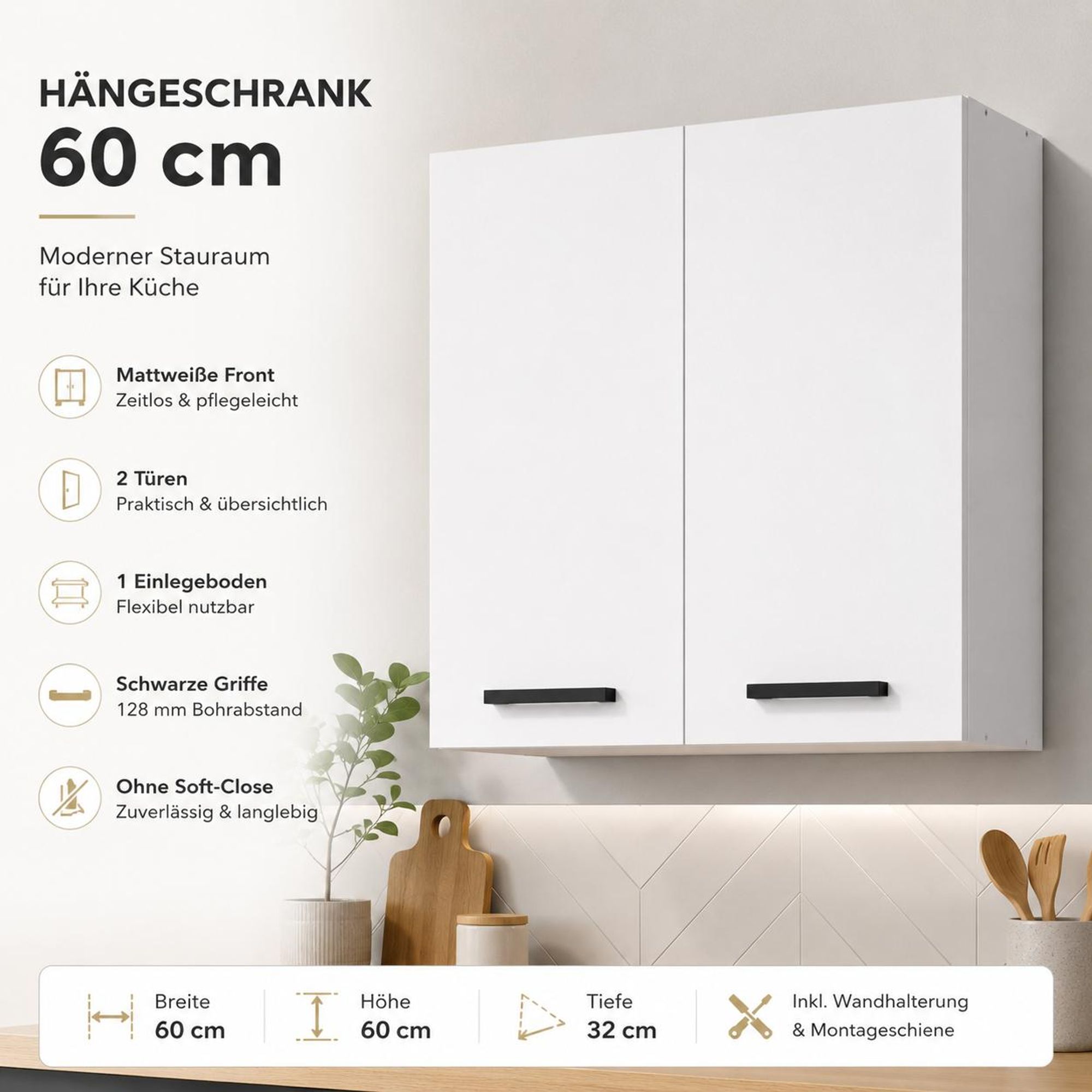 Hängeschrank 60 cm Weiß Matt: Moderner Küchenschrank, 2 Türen, schwarze Griffe.
