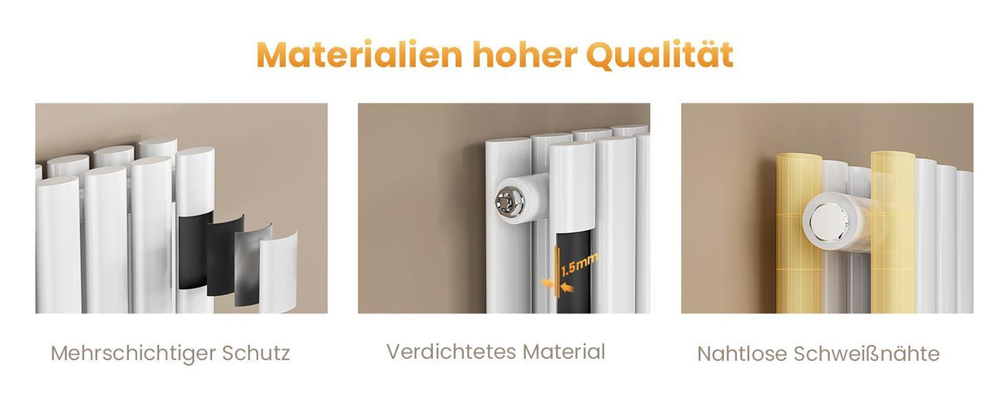 EMKE Design-Heizkörper 1800 x 600 mm Heizkörper Vertikal Weiß Ovalheizkörper Mittelanschluss Doppellagig Heizung, 2175W ohne Heizstab