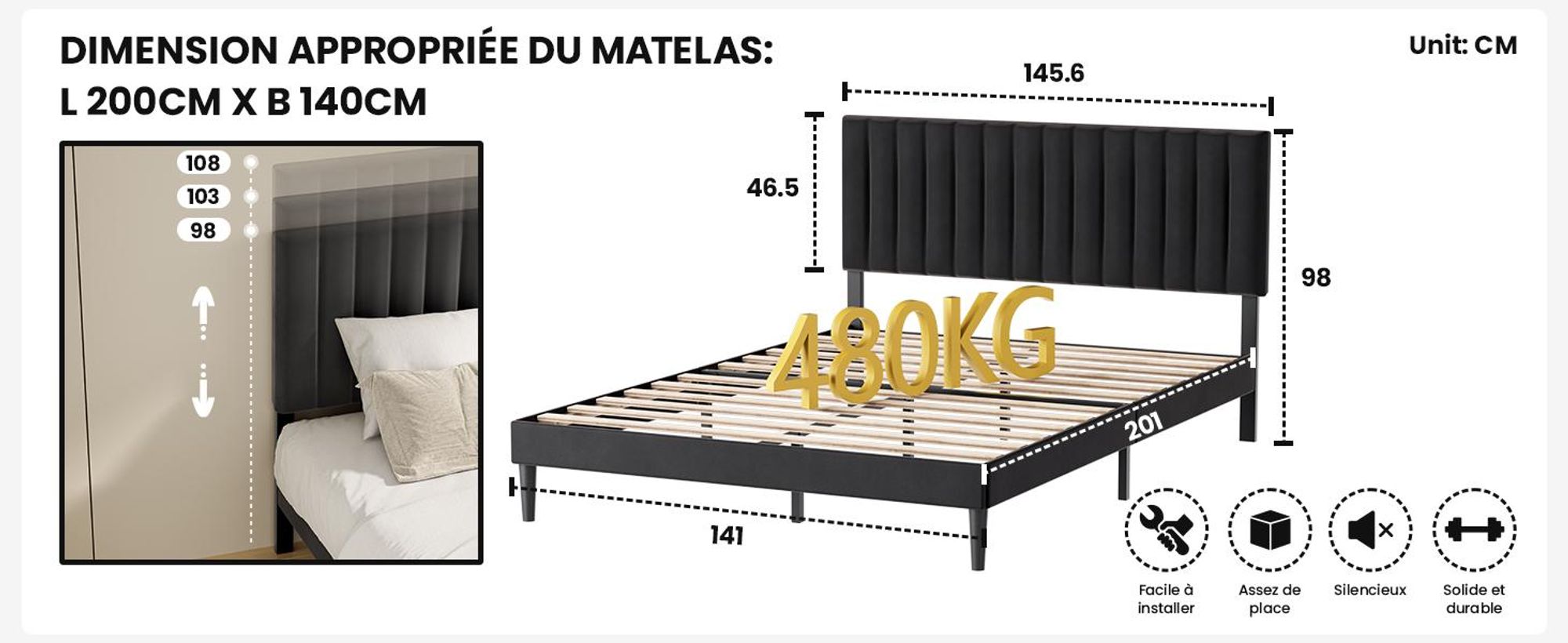 Lit rembourré 140 x 200 cm, sommier avec tête de lit réglable en hauteur et lattes, cadre de lit robuste, jusqu'à 500 kg, lit rembourré, noir