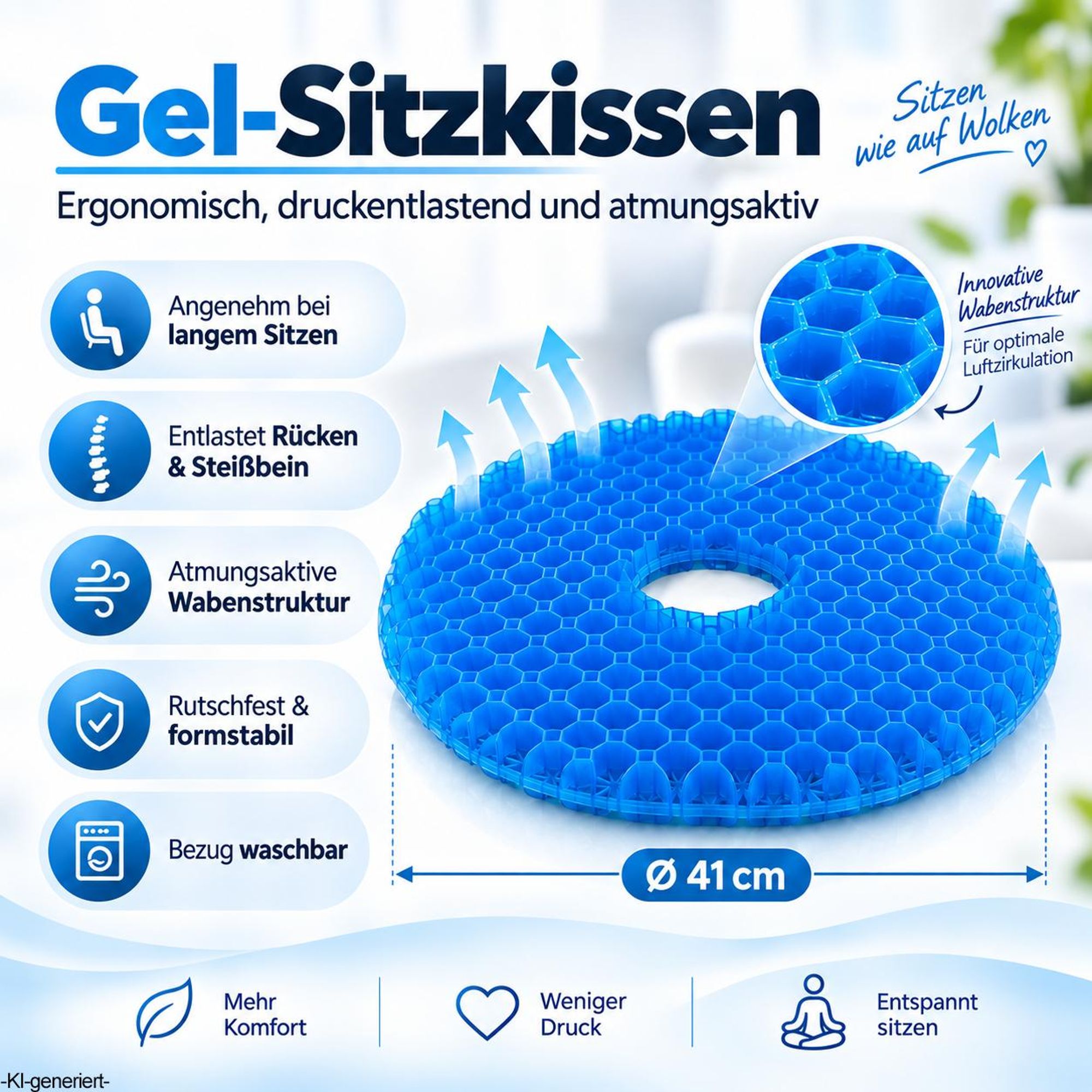 Gelkissen mit kühlender Gel-Schicht, Donut-Kissen für Steißbeinschmerzen, Autokissen, Sitzkissen, orthopädisch, Gesäßkissen für Hämorrhoiden