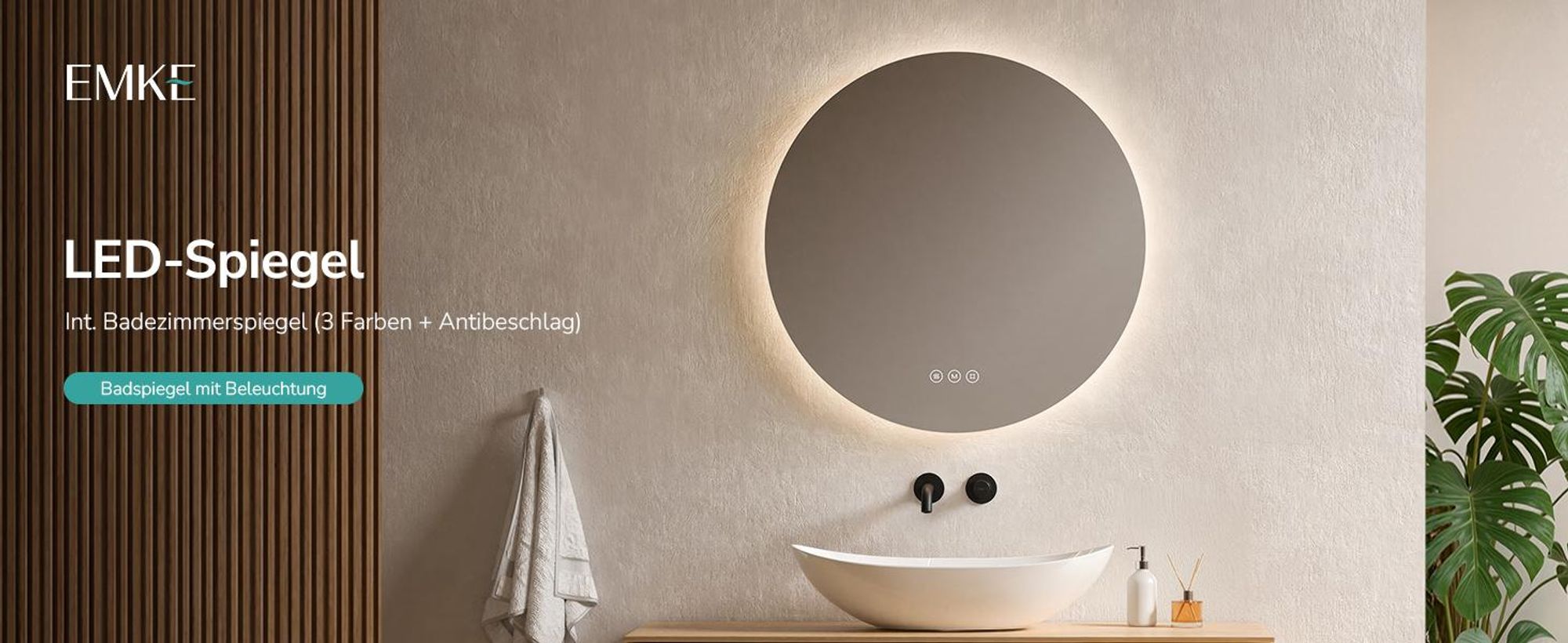 EMKE LED Badspiegel Rund 60 cm mit beschlagfrei Badezimmerspiegel 3 Lichtfarbe Badspiegel dimmbar LED Spiegel mit Touchschalter