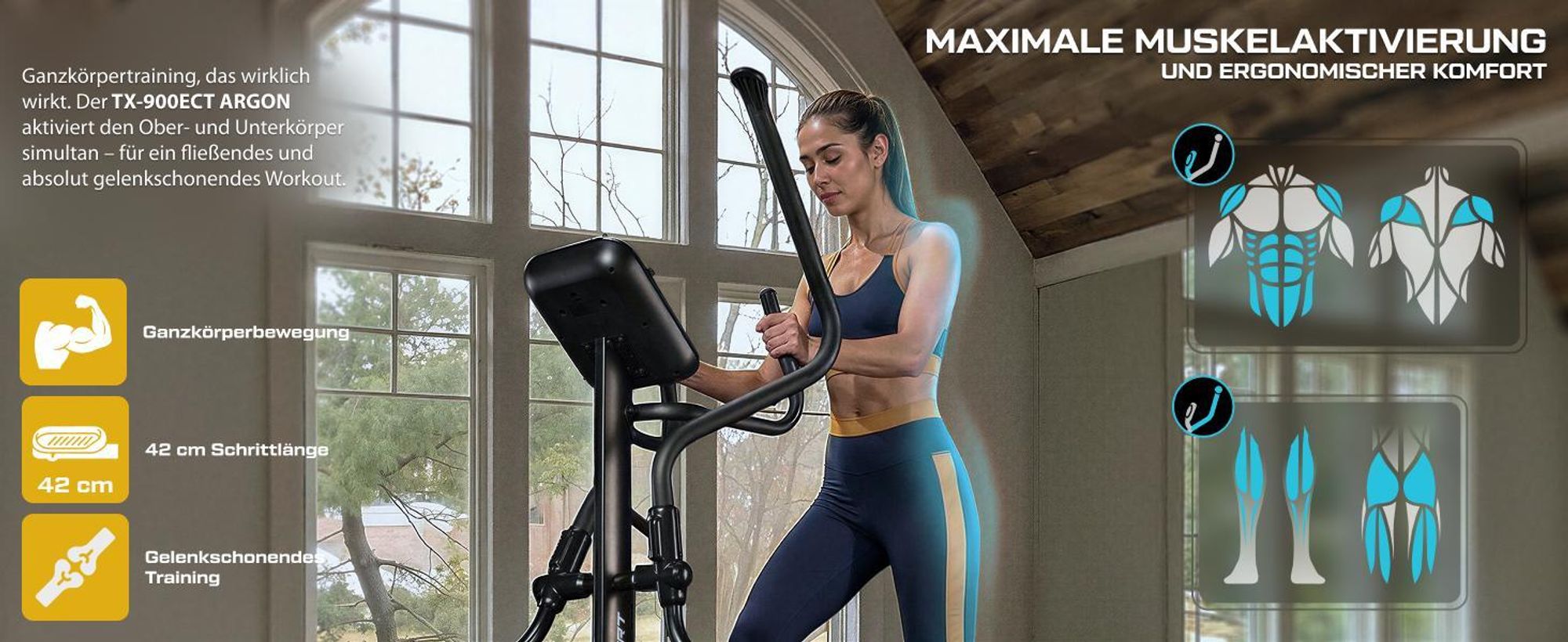 TREX SPORT Crosstrainer für zuhause TX-900ECT ARGON | Ellipsentrainer, 32-stufiger Widerstand, Pulssensoren, Bluetooth | Trainingsprogramme, bis 135kg