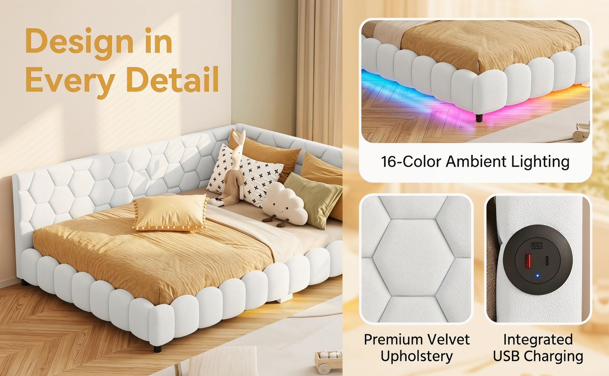 INONEFT  Polsterbett 140x200cm mit LED- und USB-Schnittstelle,Schlafsofa Tagesbett mit lattenrost ,Kinderbett,Doppelbett jugendbett,Wolle, Beige