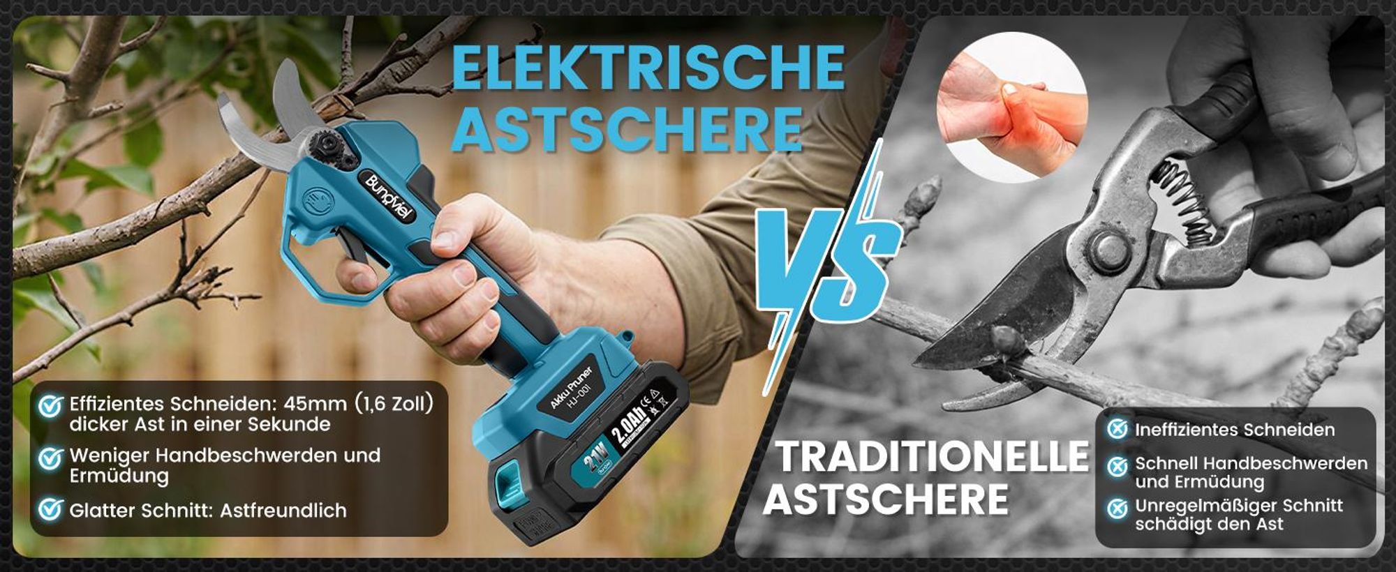 Akku-Astschere Bürstenloser Motor, Elektrische Gartenschere kompatibel mit Makita 18V Akku, mit 2x 2Ah Akku, 28-45mm Schnittdurchmesser für Zweige