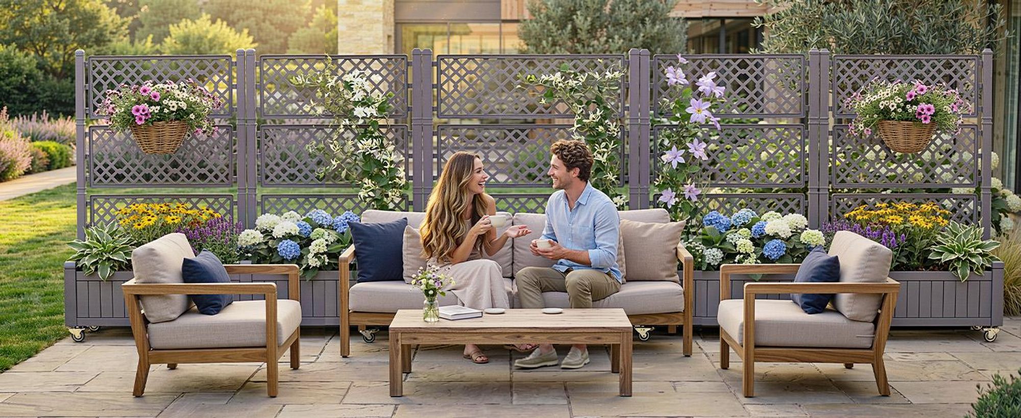 Pflanzkasten mit Rankgitter, Hochbeet für Balkon, 108,5x44x155cm, Garten Rankgitter mit Rädern, Gemüse- Blumenkasten, Grau