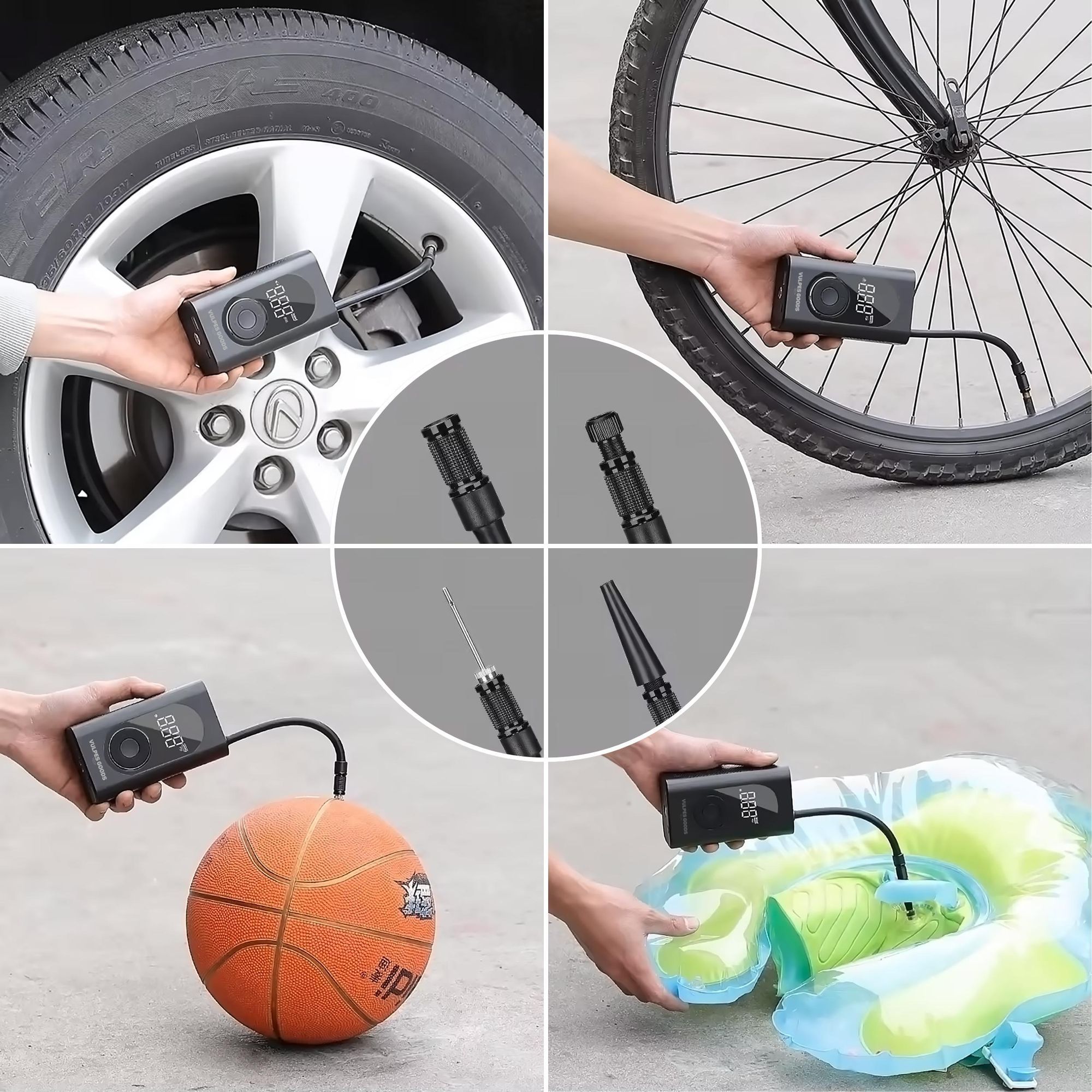 Vulpes Goods Luftkompressor, Tragbarer Kompressor, 6400mAh, Kompressor für Auto, Scooter, Fahrrad, Ball und Luftmatratze, Reisetasche, Mit 7 Aufsätzen