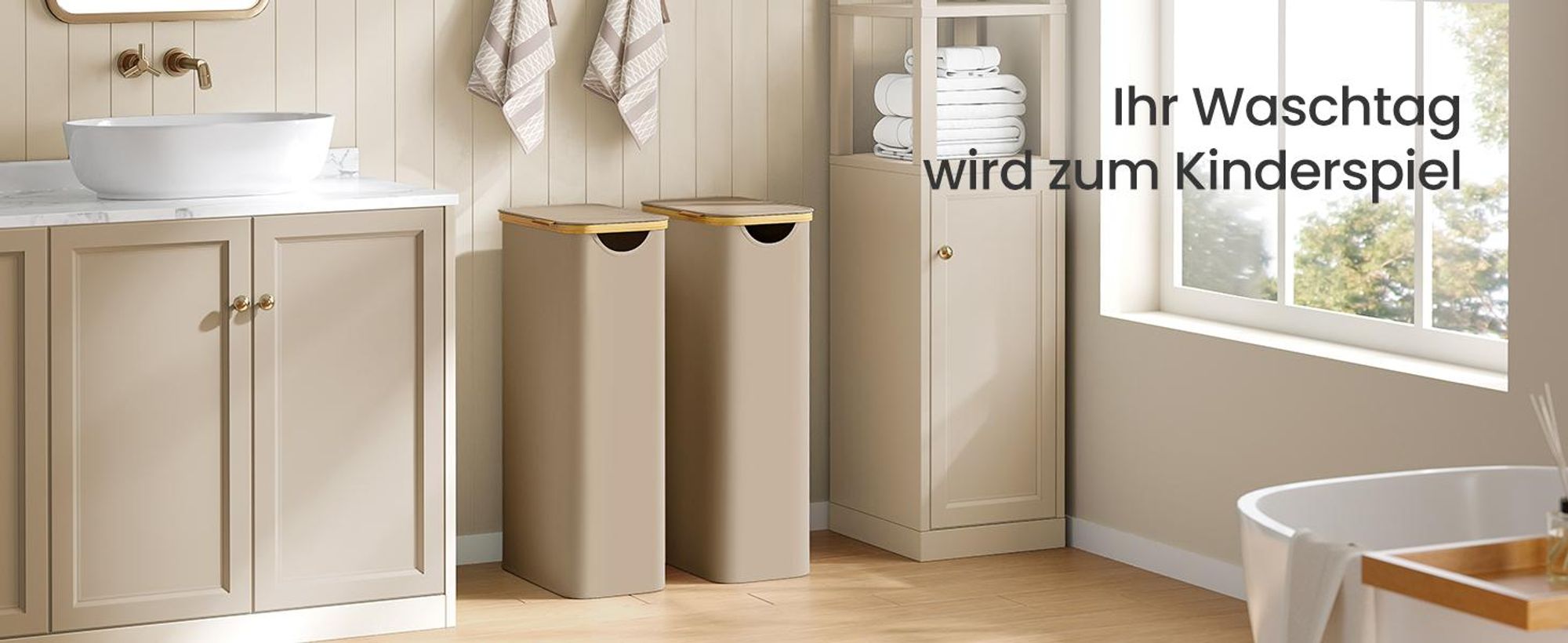 SONGMICS Wäschekorb mit Deckel, 65 L, herausnehmbarer Wäschesack,Griffe aus Bambus