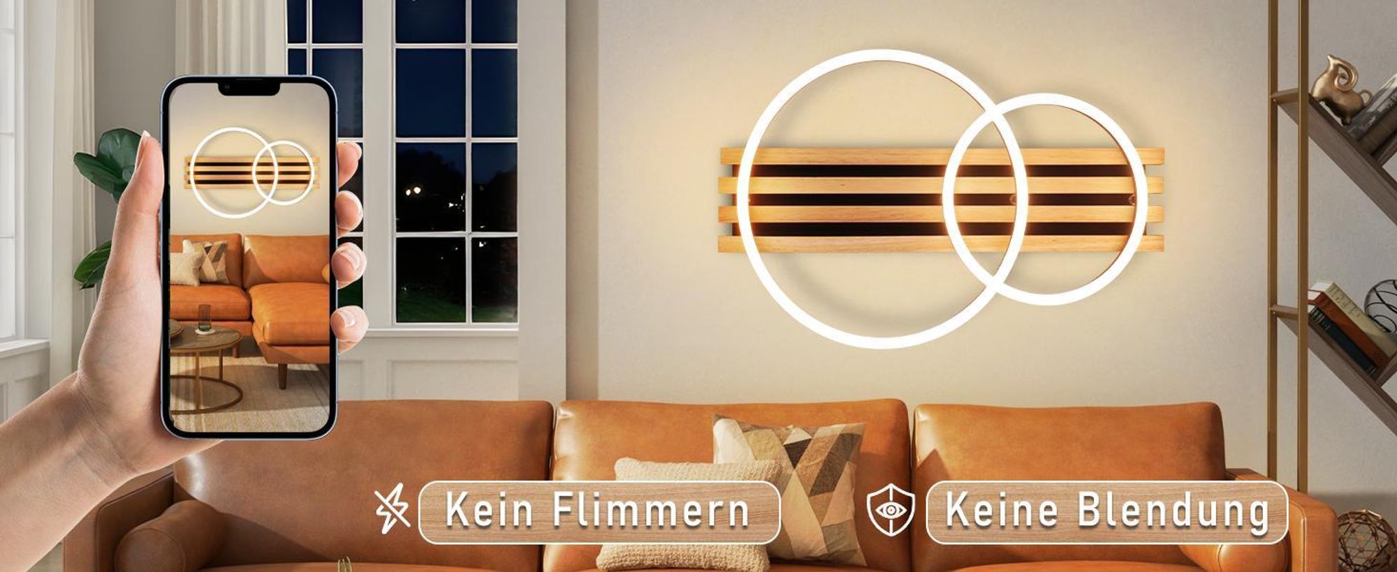 ZMH LED Deckenlamape Holz Deckenleuchte Dimmbar mit Fernbedienung 2 Ringen 36W 55CM Schlafzimmer Lampe Modern deckenleucht Geometrisch wohnzimmerlampe