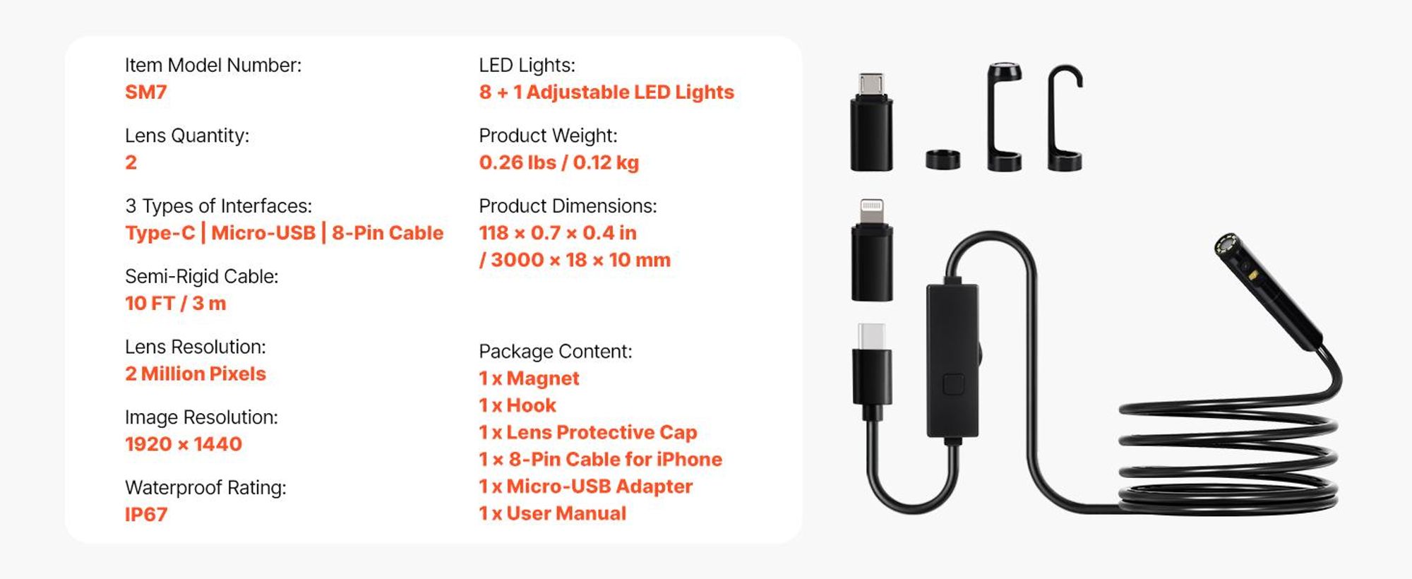VEVOR Endoskopkamera mit Licht, Dual-Linsen-Boreskop für Android & IOS, 1920P HD Inspektionskamera mit 8 + 1 LED-Licht, 2X Zoom, 5m Schlangenkabel, IP67 wasserdichte Schlangenkamera für Auto, Sanitär, 3 m-a, Doppellinse-a