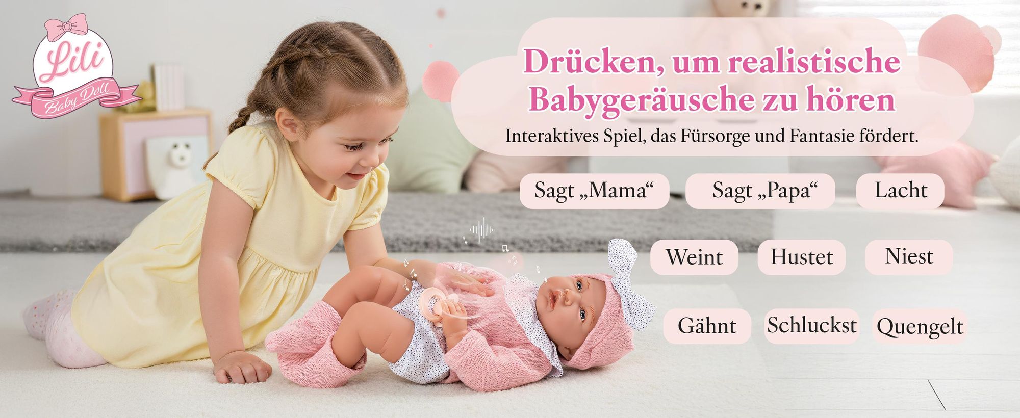 Kinderplay Babypuppe Lili 41 cm – sprechende Puppe mit Softkörper, wendbarem 43‑cm‑Kokon, Outfit & Schnuller (KP3513)