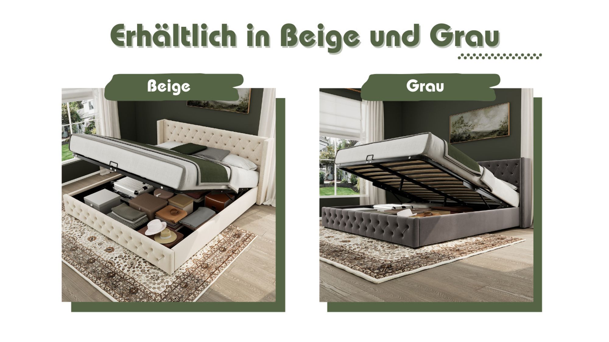 okwish Polsterbett 180*200cm Hydraulisches Doppelbett mit Stauraum, Bettkasten, Doppelte Nietenreihe Flanell, ohne Matratze- Beige
