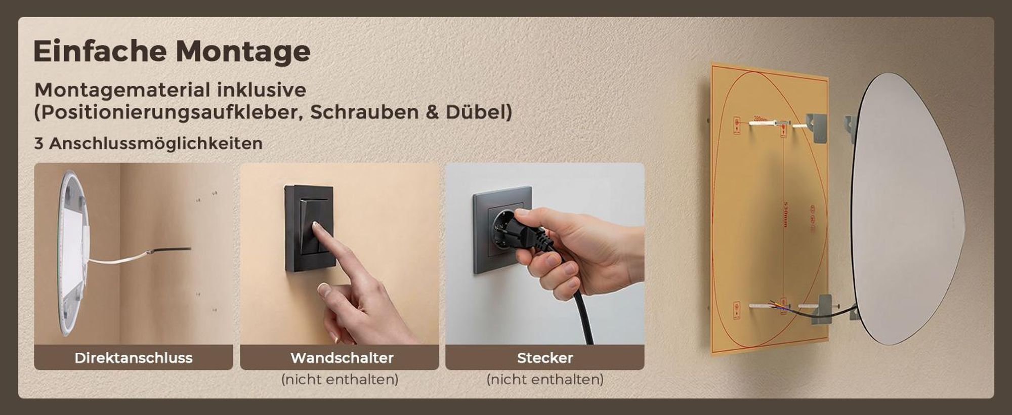 S'AFIELINA Badezimmerspiegel mit LED-Beleuchtung, 60 x 70 cm, mit Hintergrundbeleuchtung, rahmenlos, 3 Lichtfarben, dimmbar, mit Antibeschlag-Funktion und Memory-Funktion.
