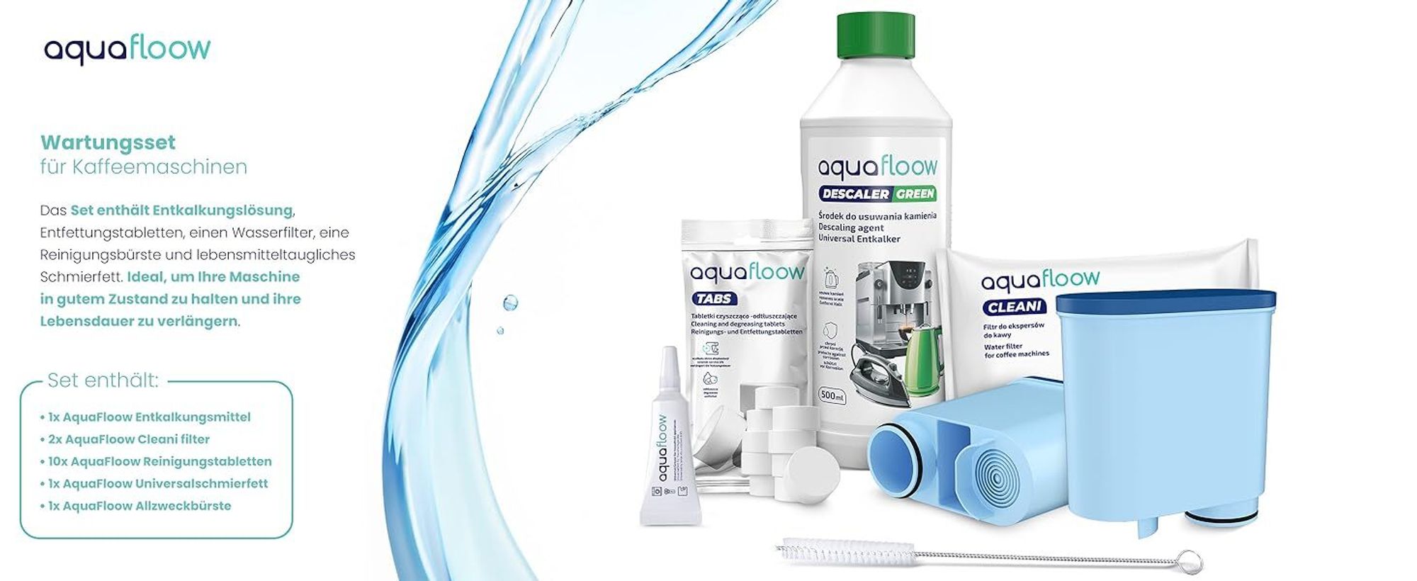 Aquafloow Rundum-Pflegeset für Kaffeevollautomaten – 2x Cleani Wasserfilter Kompatibel mit Philips Saeco CA6903, 500ml Entkalker, 10 Reinigungstablett