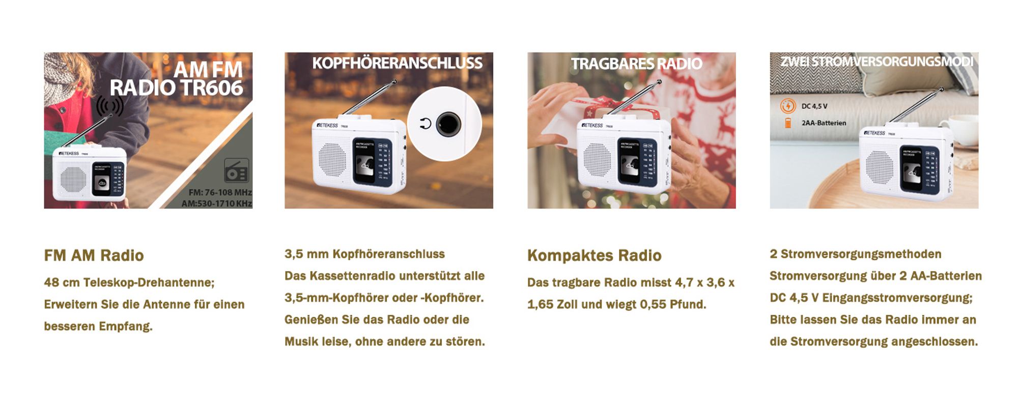 Retekess TR606 Tragbarer Kassettenrekorder, FM/AM Radio,Schneller Vor-/Rücklauf, Tape Recorder, Geschenk für ältere Menschen (Weiß)