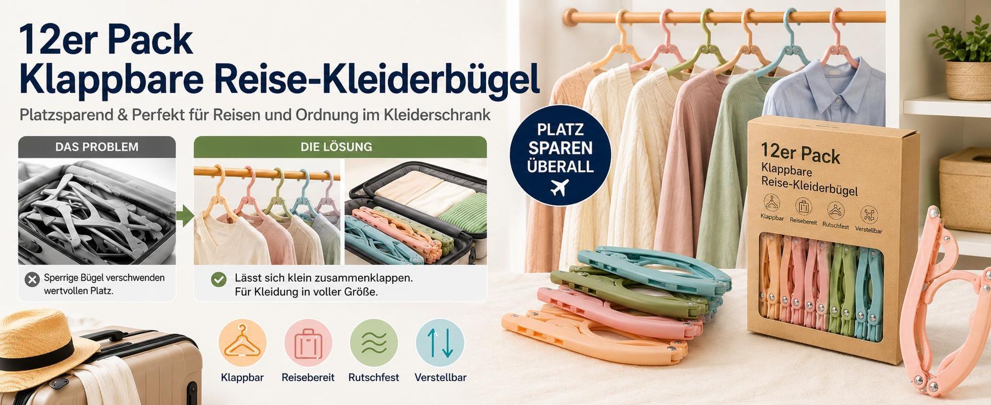 12er Set Klappbare Platzsparende Kleiderbügel, Verstellbare Reisebügel für Babykleidung und Wintermäntel - FOLDGERS