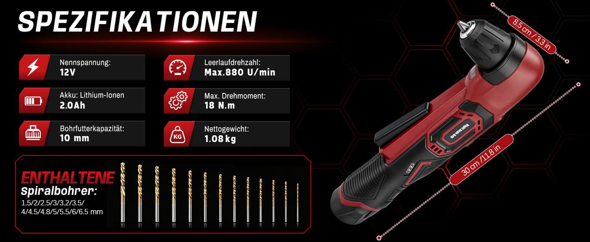 Akku Winkelbohrmaschine Winkelbohrer 12V, 90° Winkelkopf für Enge Bereiche, 18 N·m, 10mm Spannfutter, 2-Gang-Getriebe, LED-Licht, inkl. 13 Bohrbits