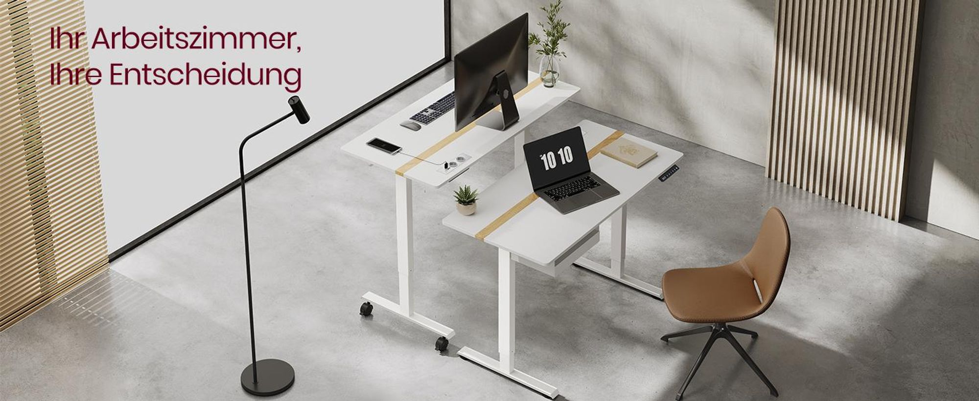 VASAGLE Höhenverstellbarer Schreibtisch elektrisch, mit Steckdose und Schublade, 60 x 120 cm Memory-Funktion, weiß