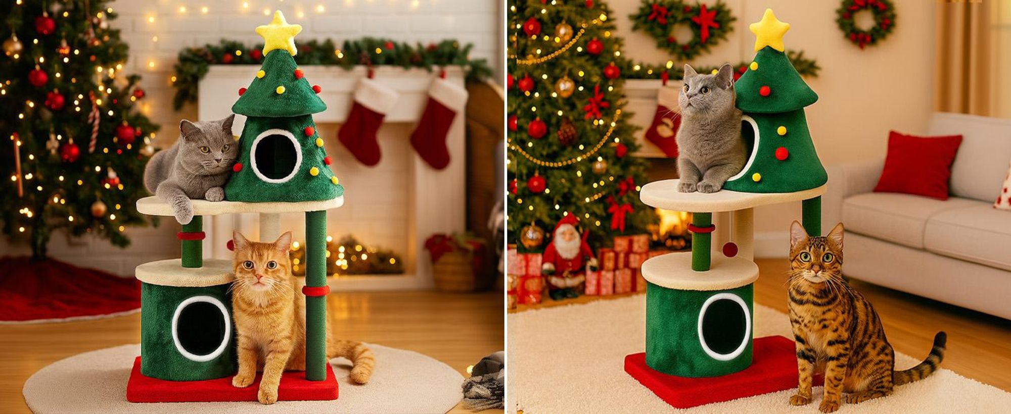 COMHOMA Kratzbaum im Weihnachtsbaum-Design 123cm, Stabiler Katzenbaum Katzenturm mit Kratzsäulen, mehrstöckiges Katzenhaus mit Plattformen & Spielball
