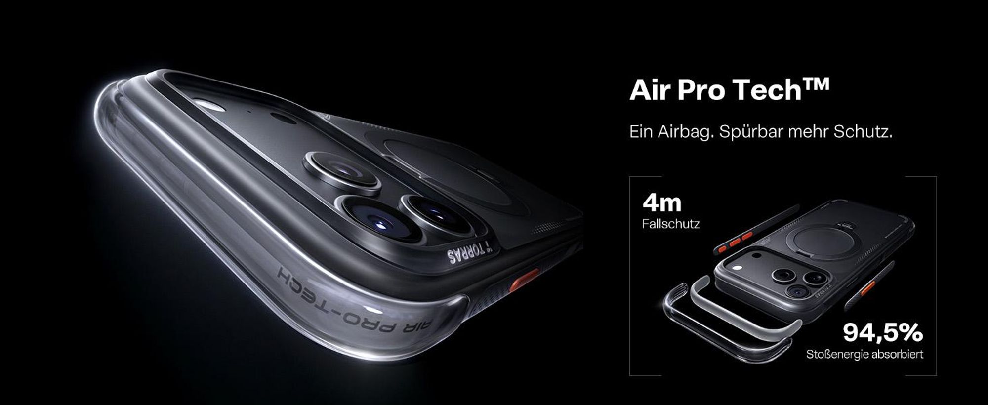 TORRAS Ostand Q3 Air Hülle für iPhone 18 Pro Handyhülle  mit Airbag-Schutz & integriertem Ständer, Schwarz