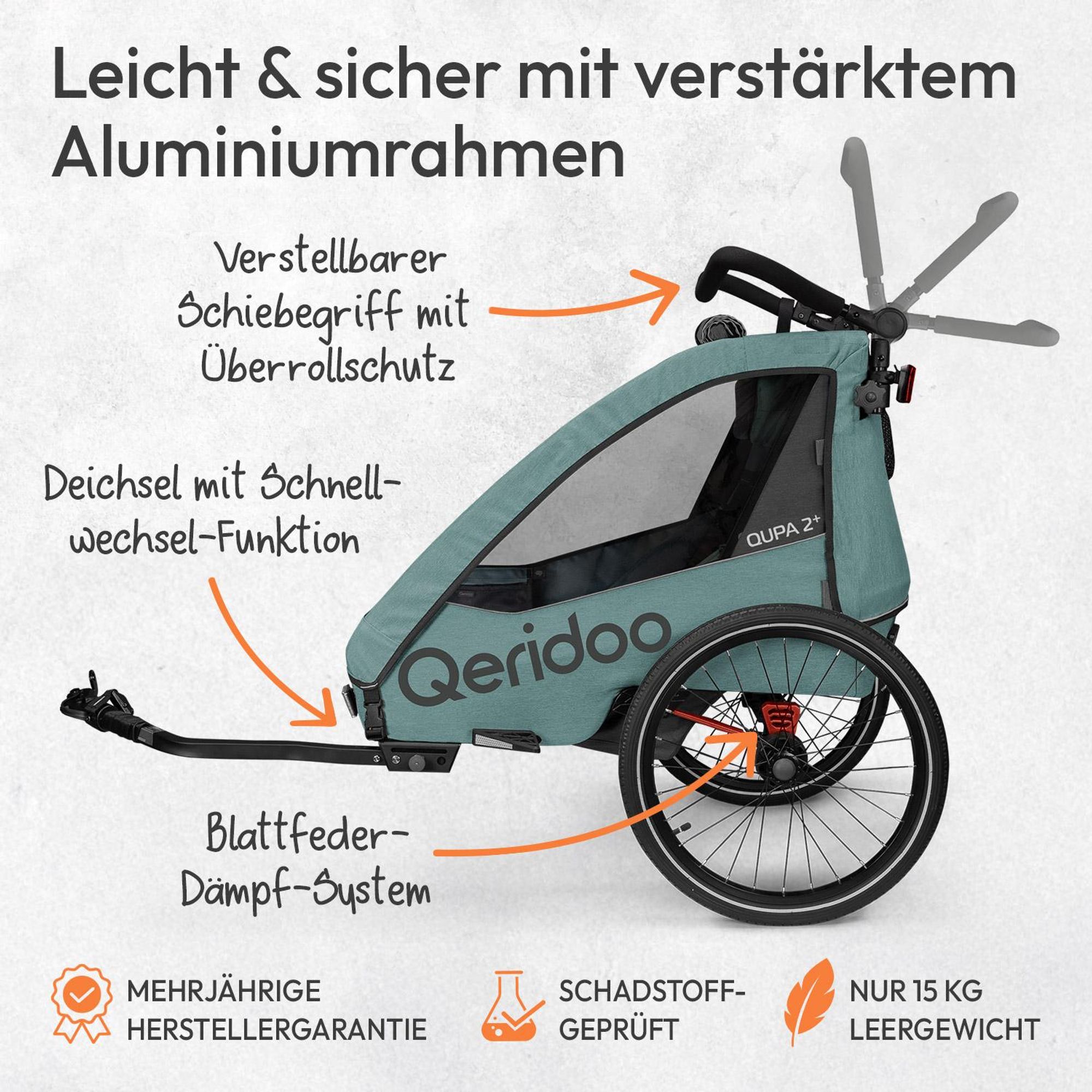 Qeridoo QUPA Plus 2 - Kinderfahrradanhänger für 2 Kinder, Farbe: Mineral Blue